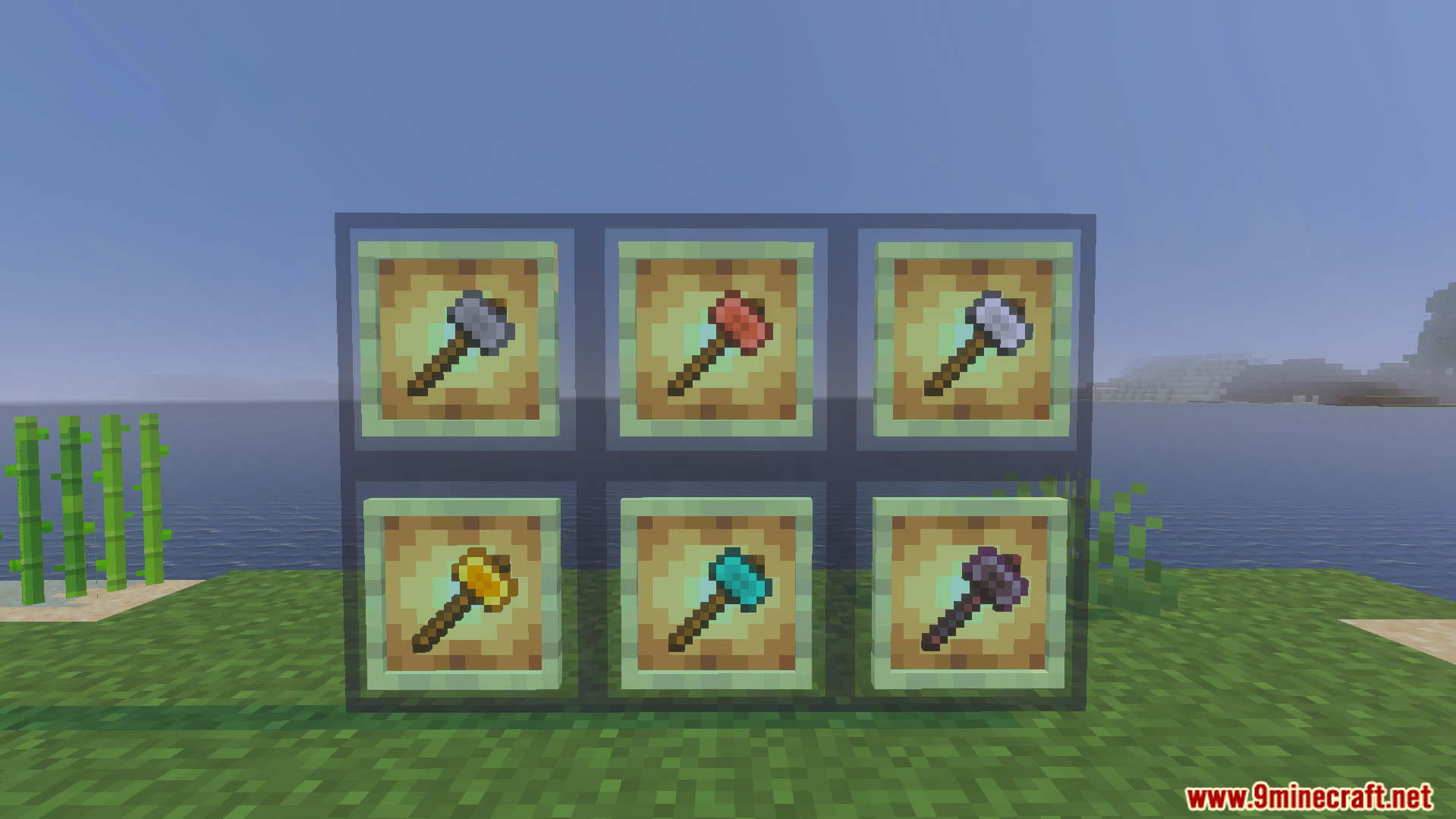 Simple Hammers Addon Screenshot 1 six new hammer types including copper and netherite displayed in item frames