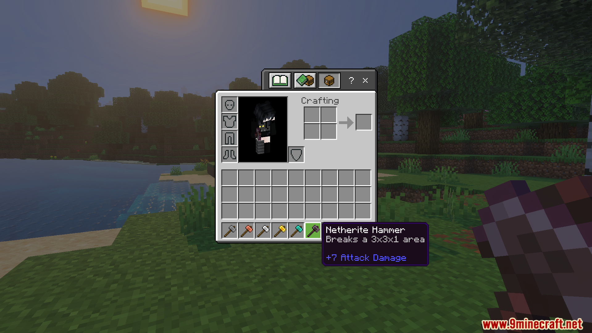 Simple Hammers Addon Screenshot 2 netherite hammer in player inventory showing it breaks a three by three area
