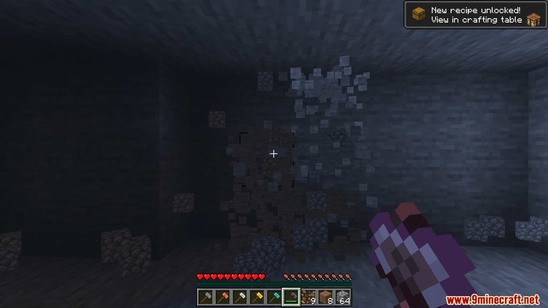 Simple Hammers Addon Screenshot 5 Mining a three by three area of stone blocks in a dark cave