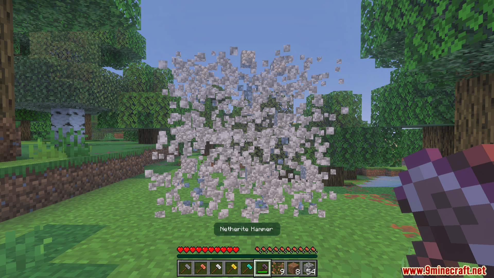 Simple Hammers Addon Screenshot 7 Player using netherite hammer to mine a three by three area of blocks