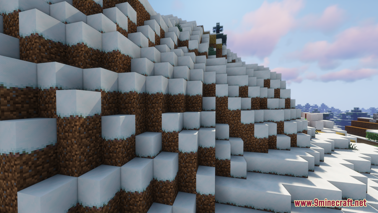 Steep snowy mountain slope with layered block textures