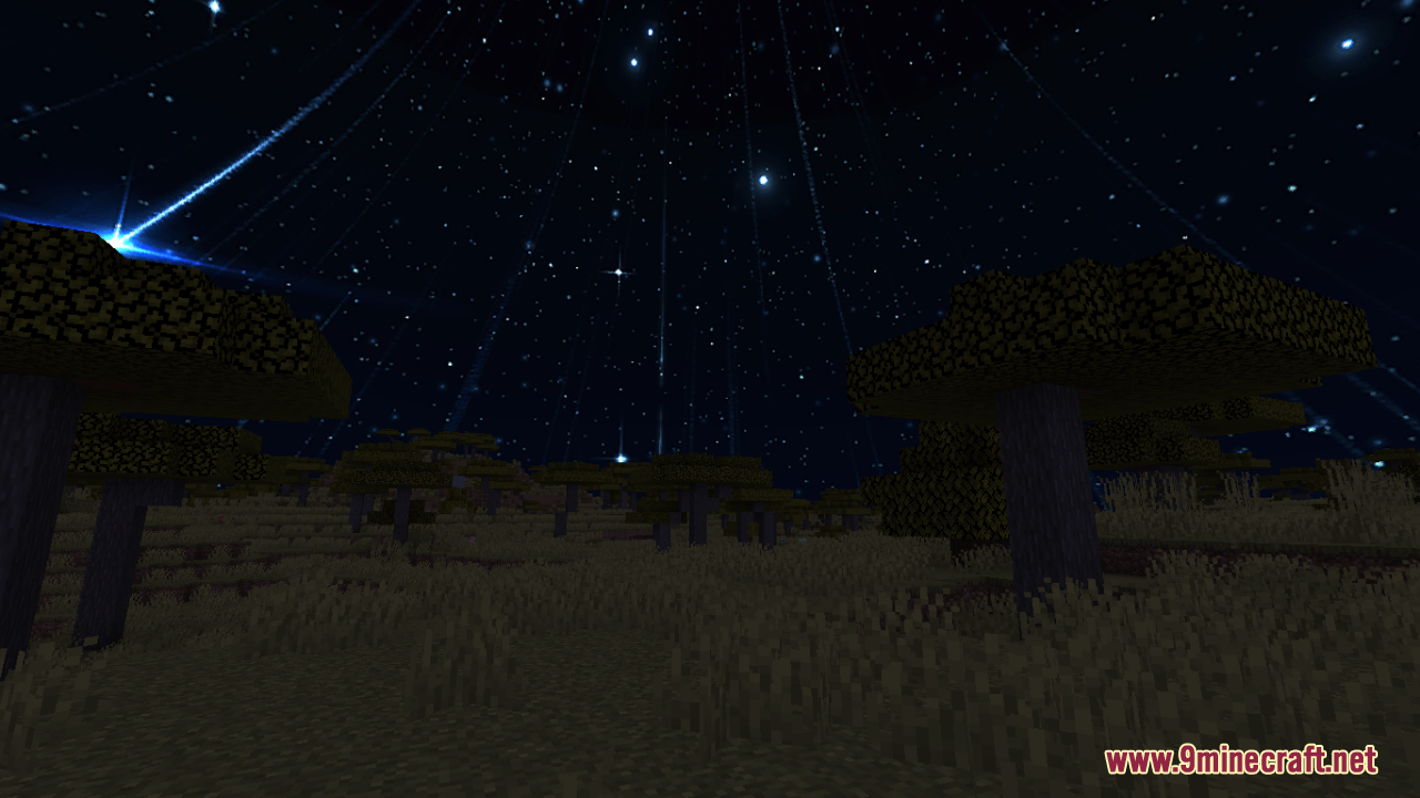Sky Anime Resource Pack Screenshot 10 Nighttime savanna landscape featuring a dark sky filled with bright shooting stars