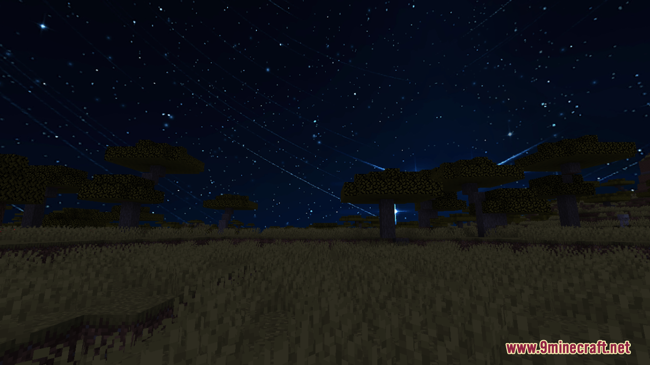 Sky Anime Resource Pack Screenshot 11 Nighttime savanna landscape featuring a beautiful starry sky with shooting stars