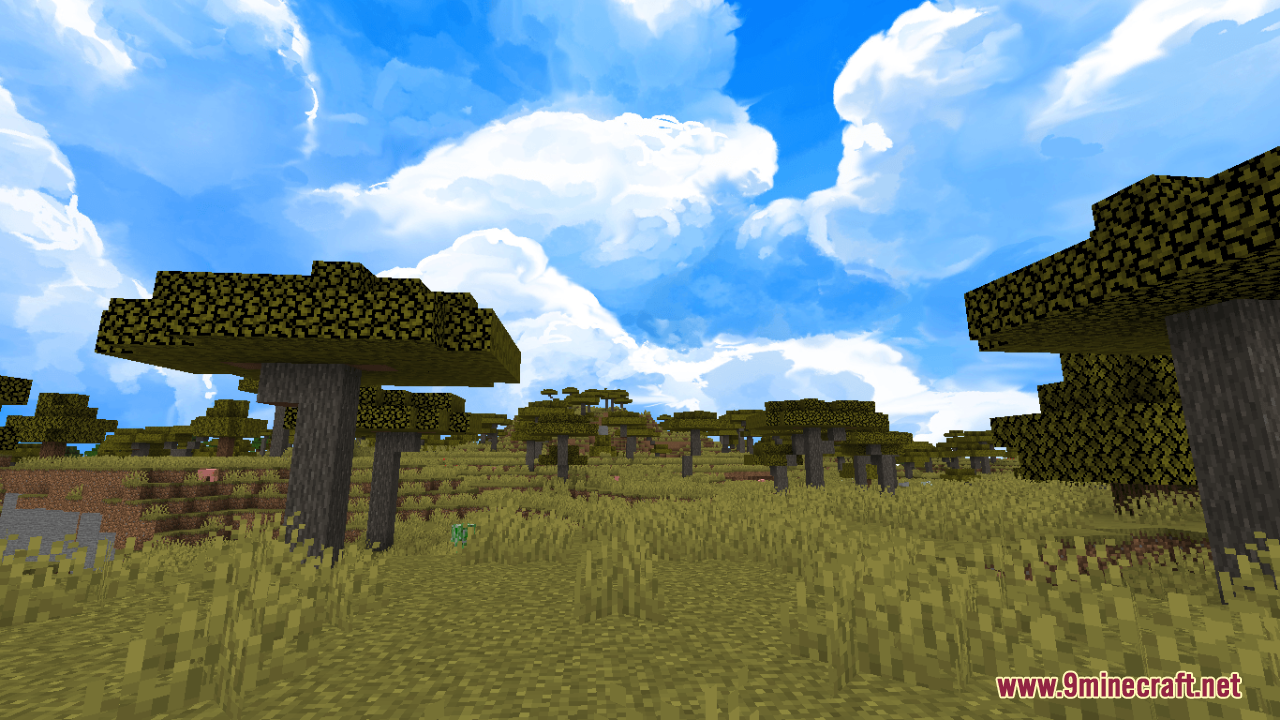 Sky Anime Resource Pack Screenshot 3 Acacia trees in a savanna biome beneath a bright painted anime style sky