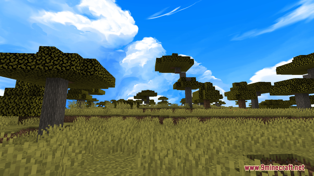 Sky Anime Resource Pack Screenshot 4 Tall grass and acacia trees under a detailed anime style painted sky background