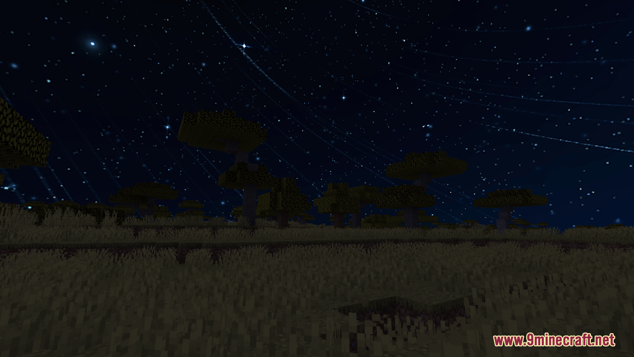 Sky Anime Resource Pack Screenshot 5 Night sky with swirling star trails over a savanna biome landscape