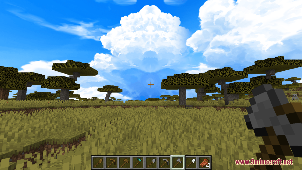 Sky Anime Resource Pack Screenshot 7 Player holding axe in savanna biome with anime clouds