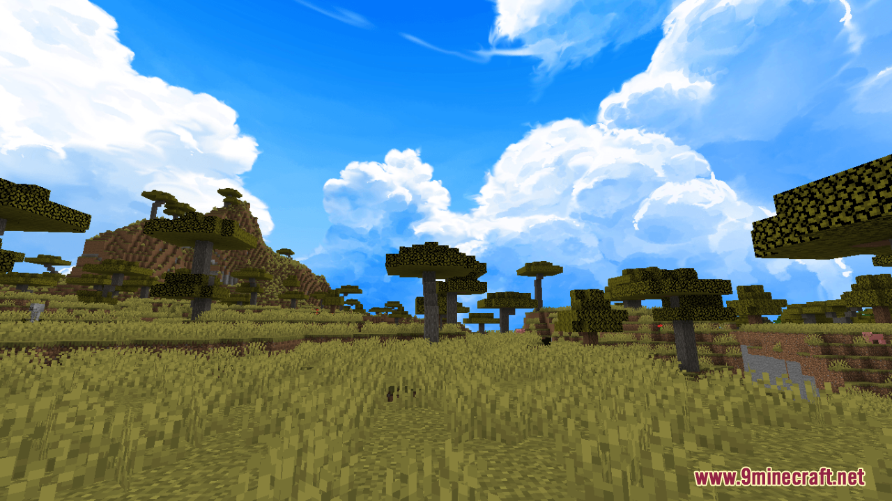 Sky Anime Resource Pack Screenshot 9 Bright daytime savanna landscape featuring detailed painted clouds in the blue sky