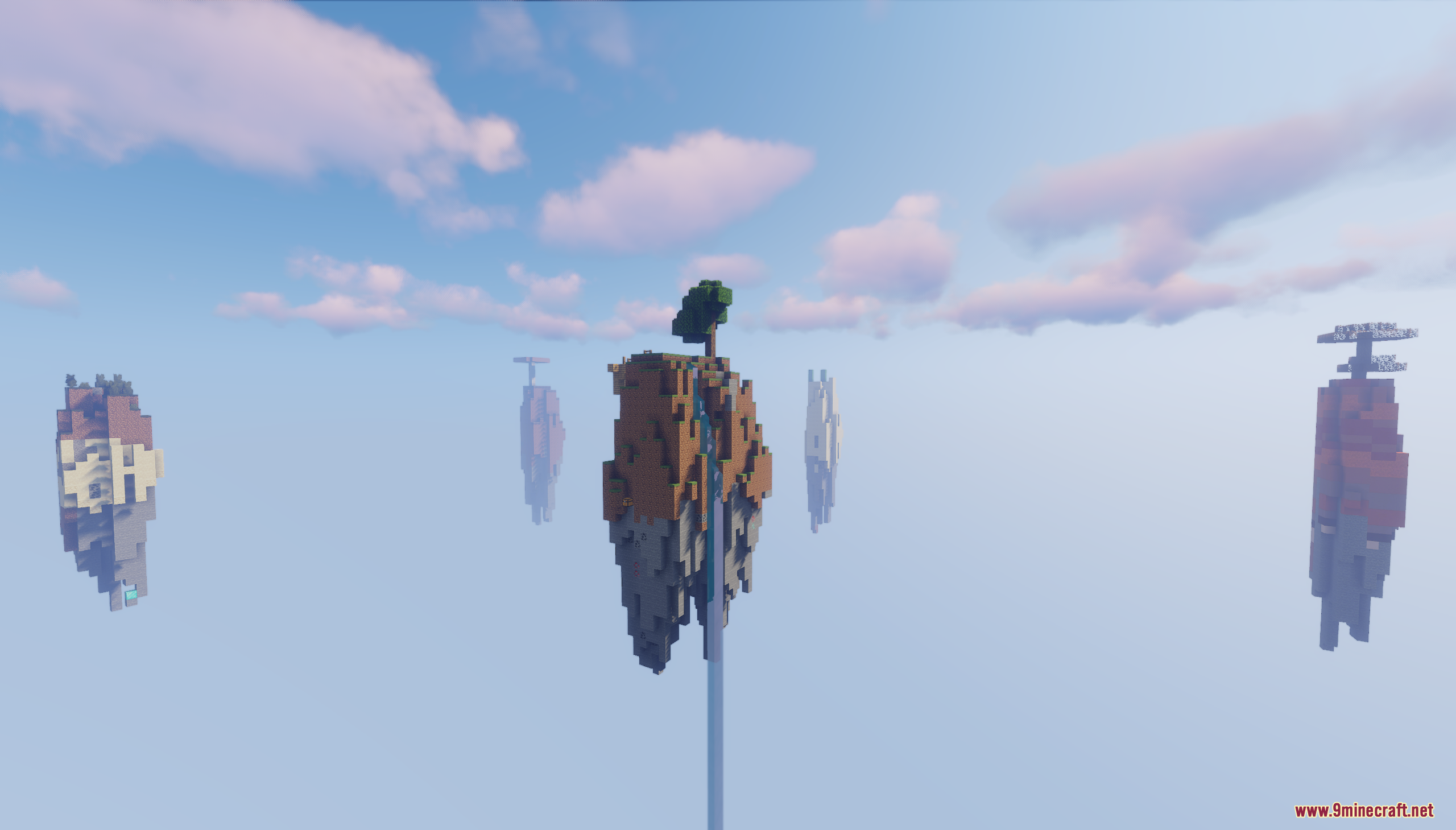 Various floating biome islands drift in the open sky
