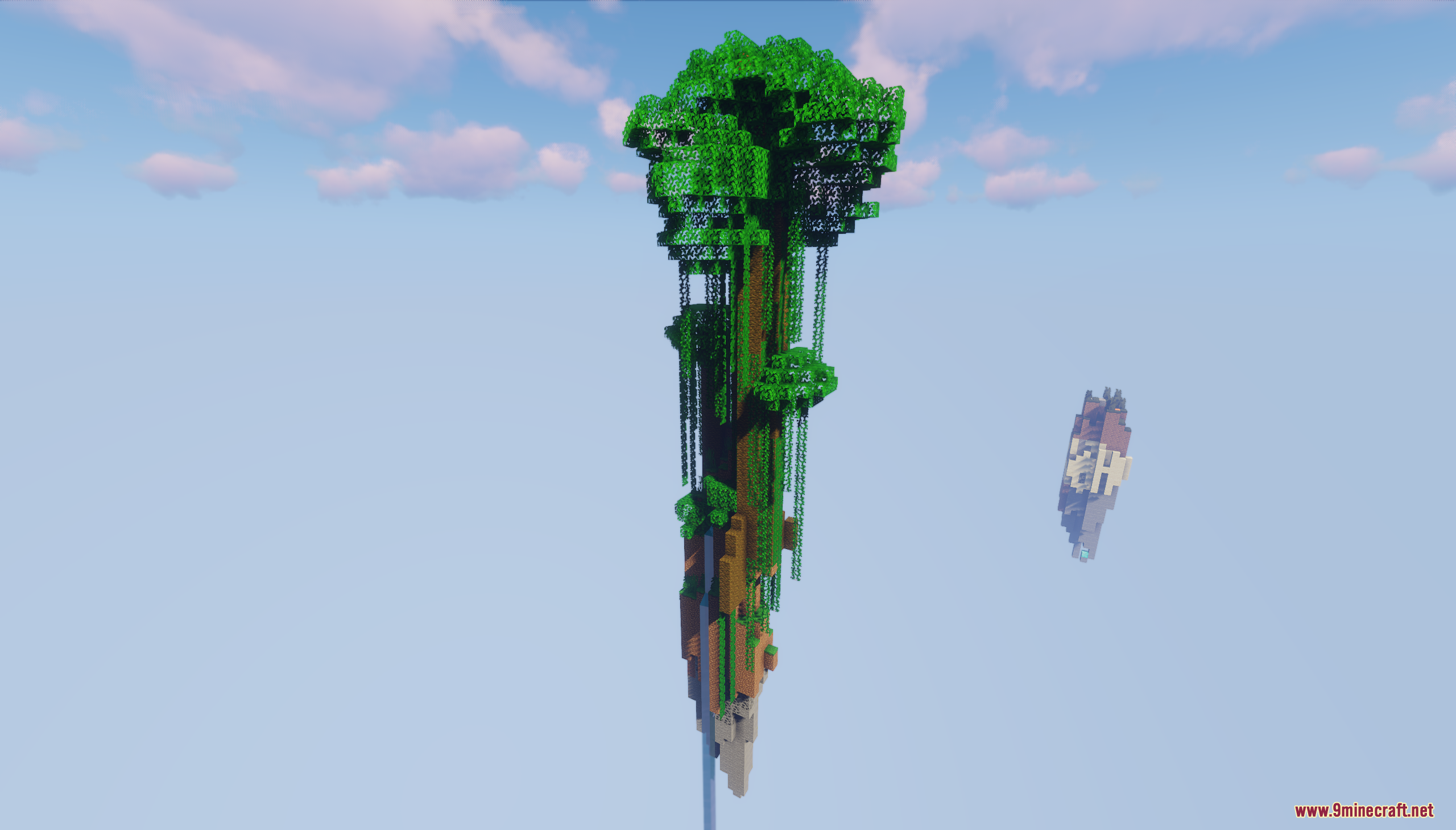 A massive tree on a tall, narrow floating sky island