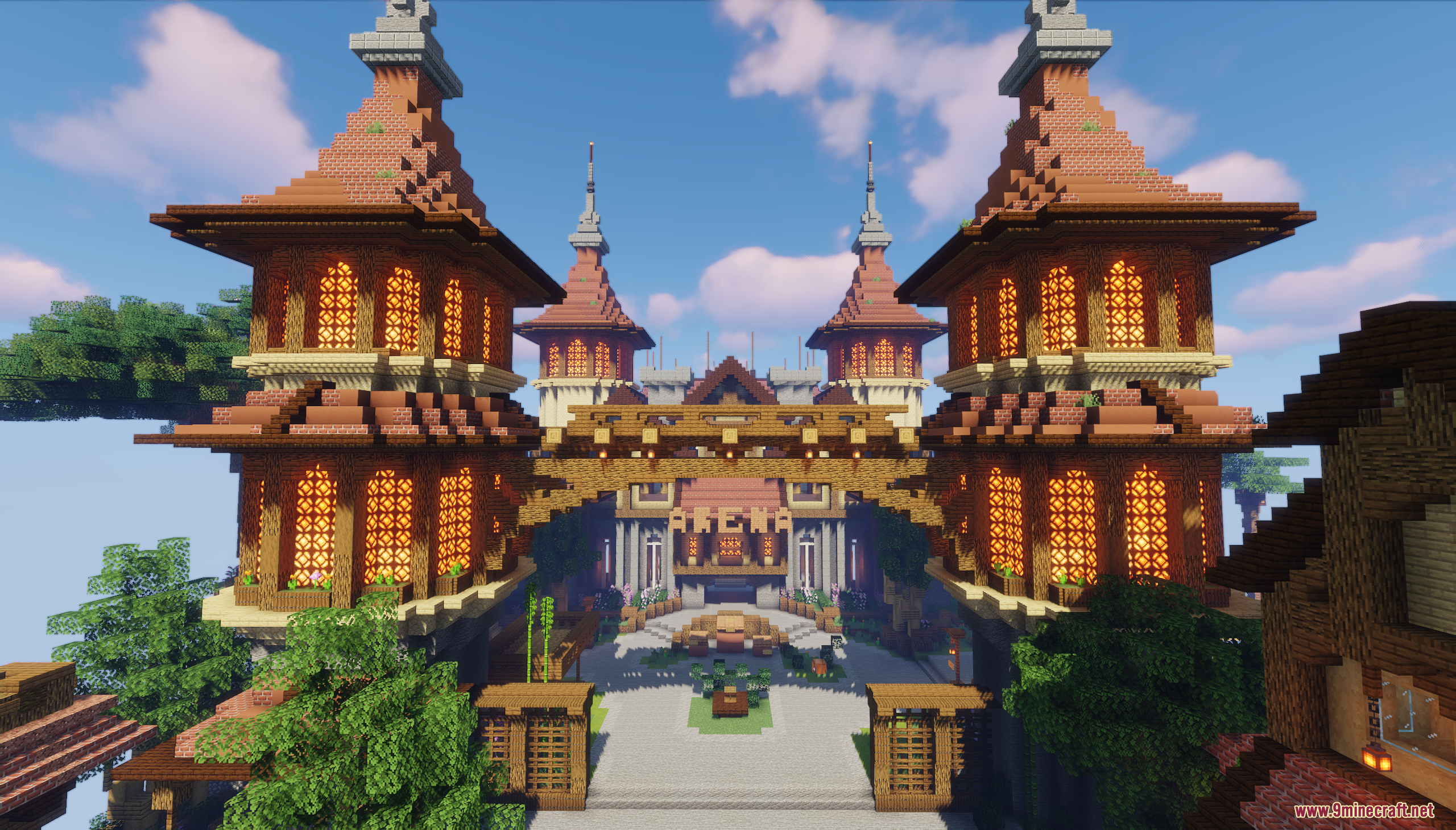 Sky Medieval Map Screenshot 1 Large medieval arena building with two glowing towers and a central wooden archway