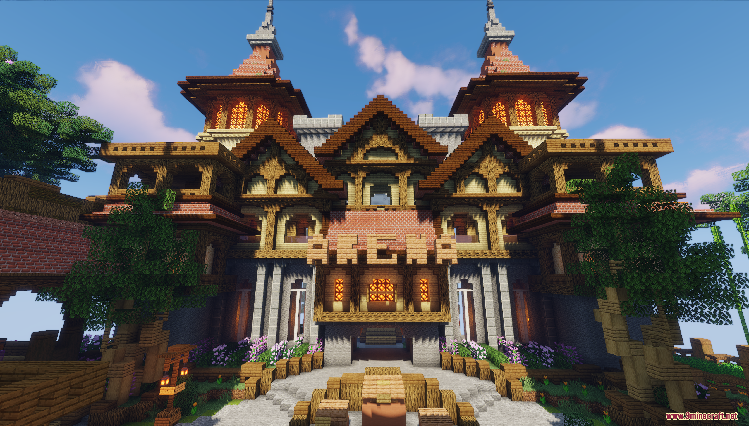 Sky Medieval Map Screenshot 2 Front view of the medieval arena entrance featuring a large blocky wooden sign