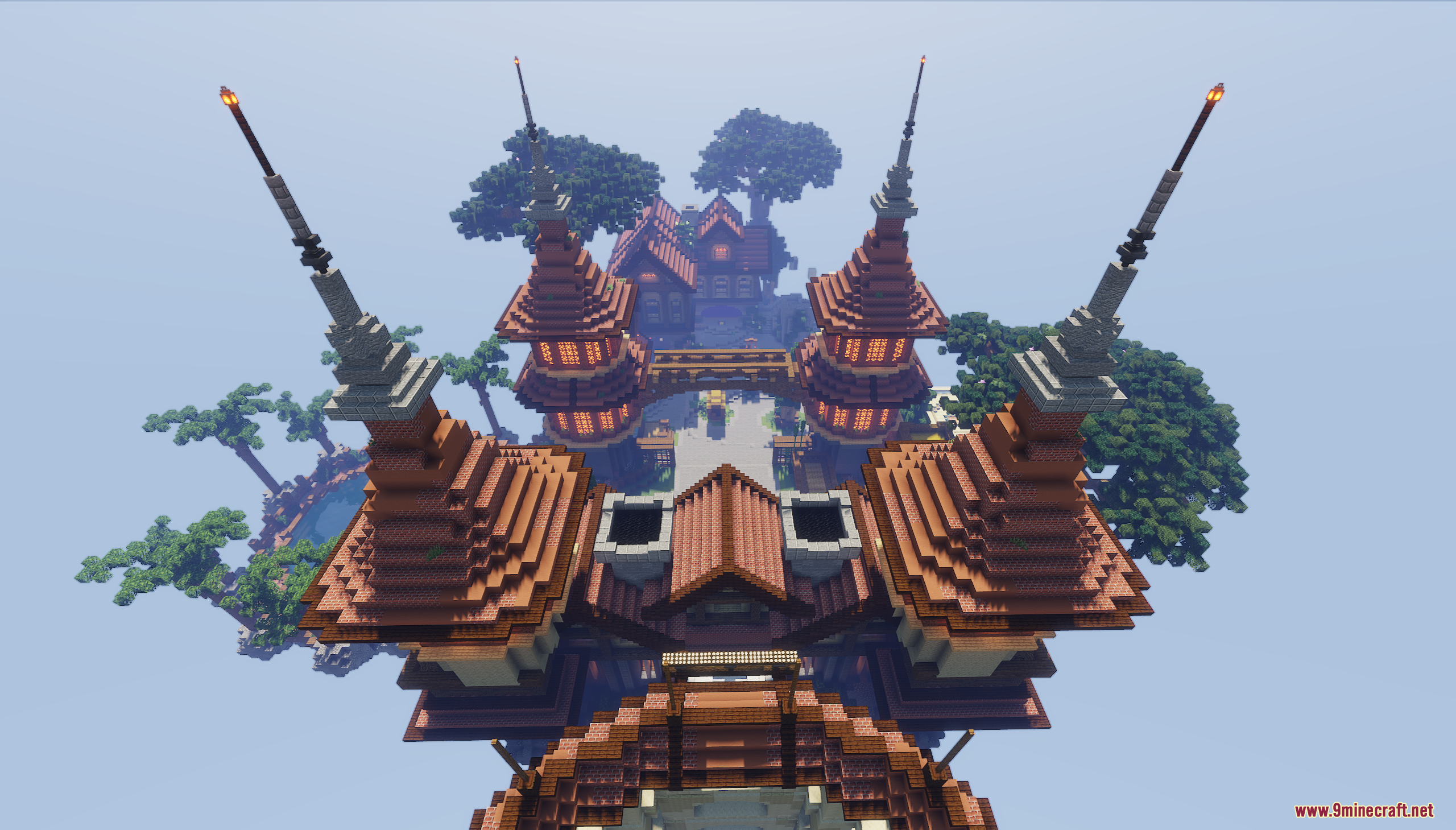 Sky Medieval Map Screenshot 4 Aerial view of a large medieval castle with tall spires on floating islands