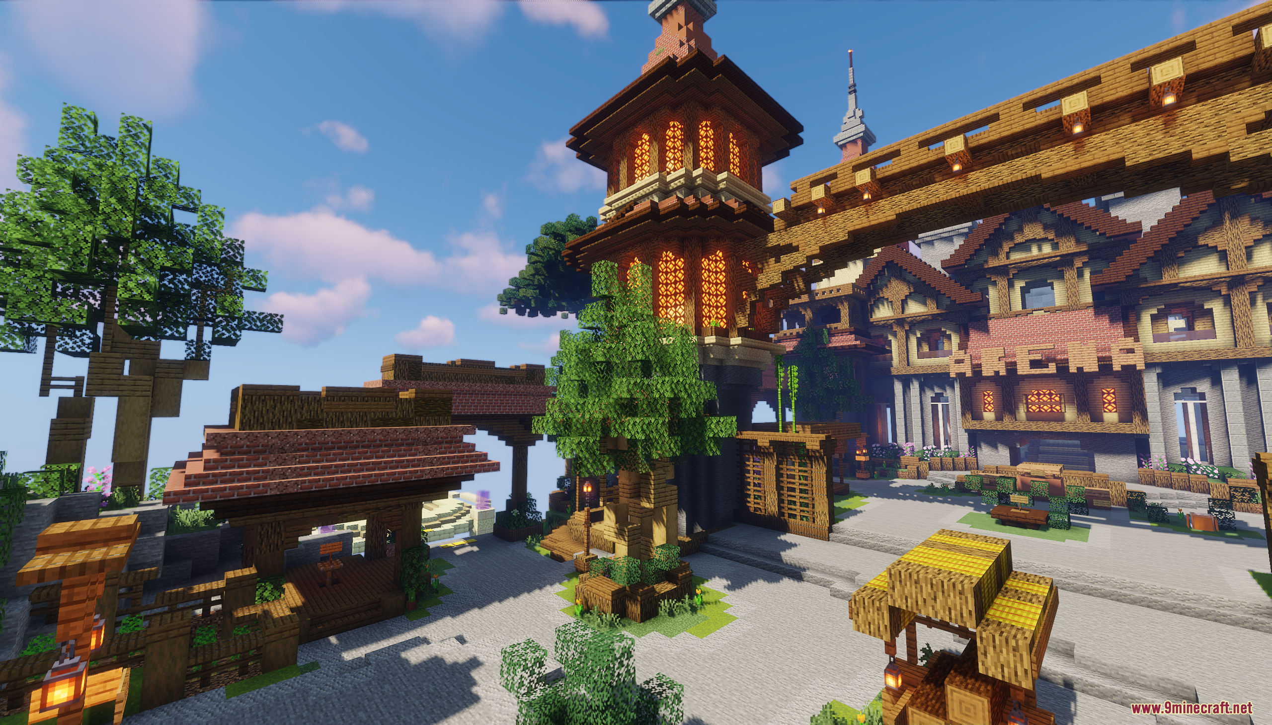 Sky Medieval Map Screenshot 9 Detailed medieval town square featuring an arena building and a tall glowing tower
