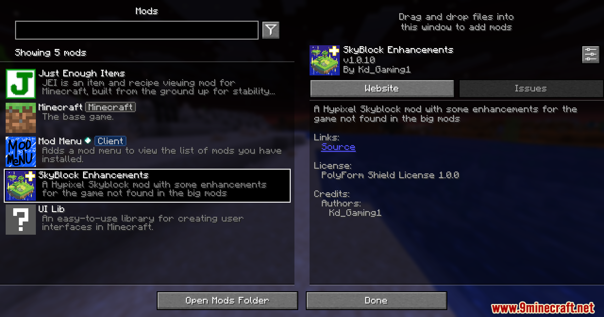 Viewing the installed SkyBlock Enhancements mod details in the game menu
