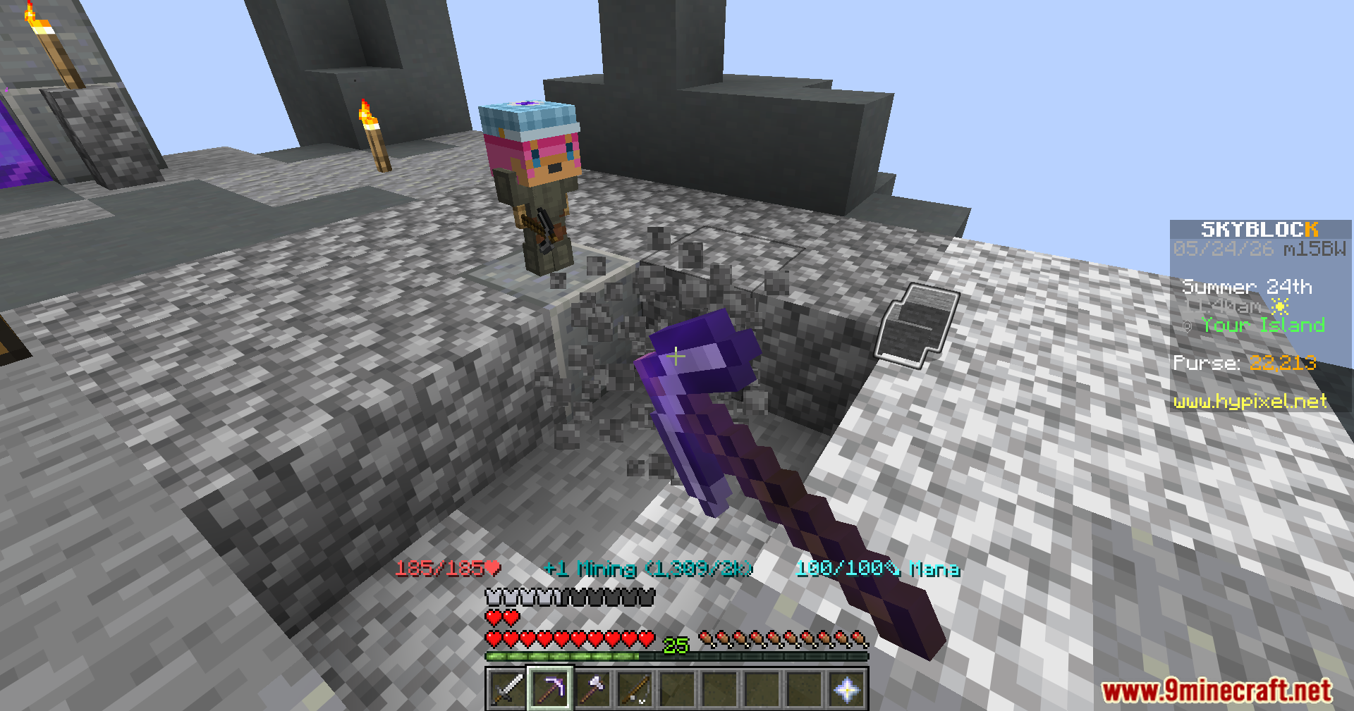 Player swinging a purple pickaxe to mine cobblestone blocks