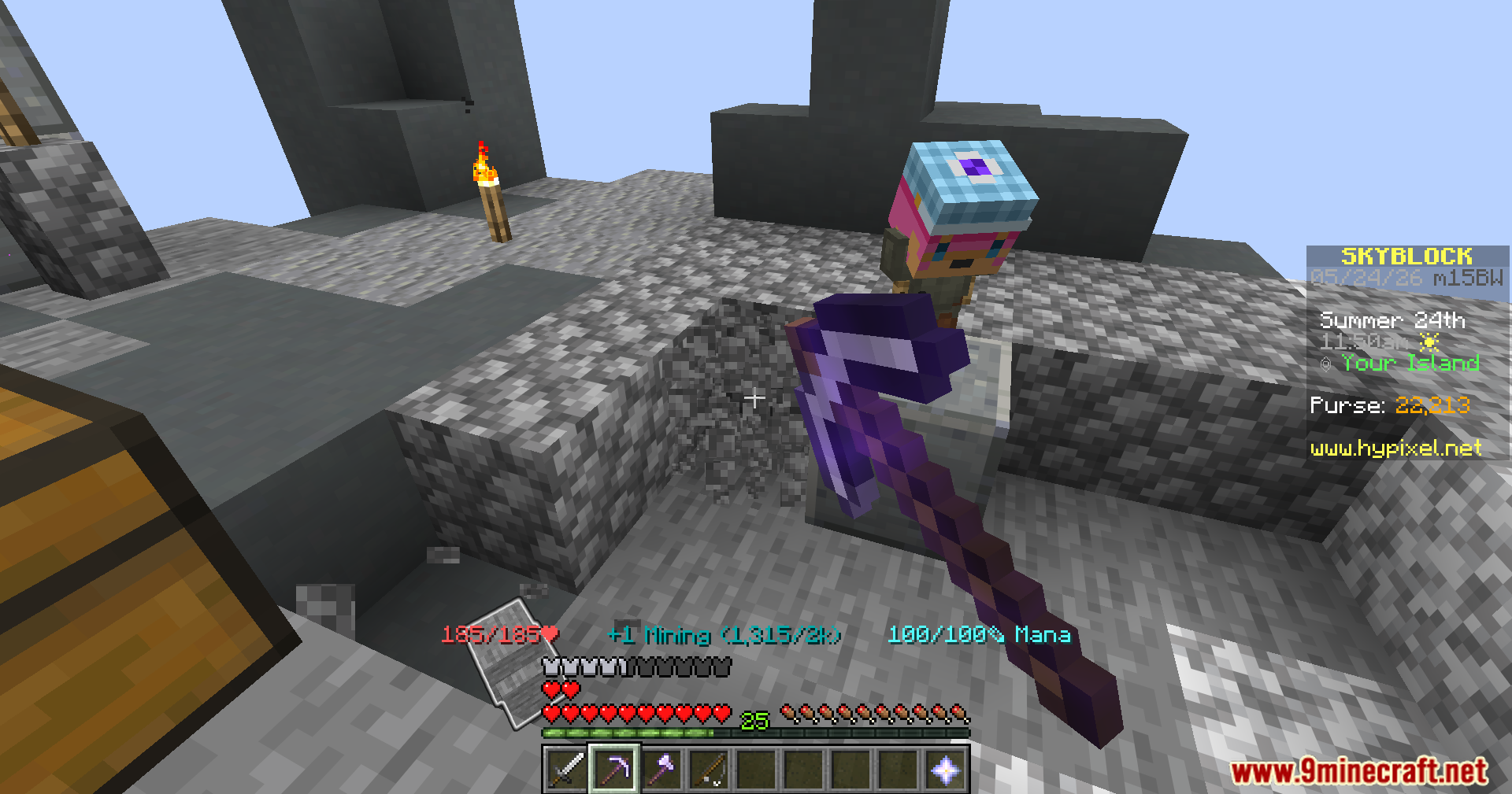 Player mining cobblestone on a floating island in Hypixel SkyBlock