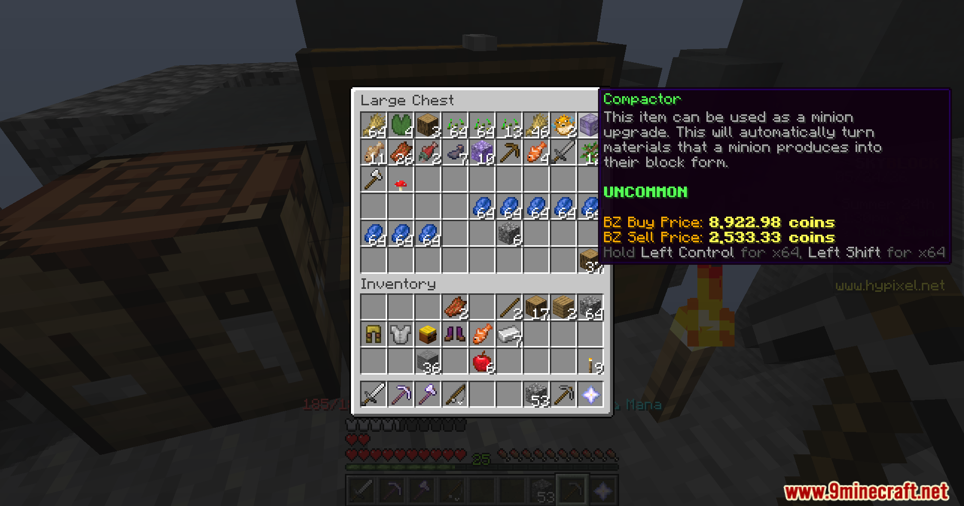 Player looking at a Compactor item tooltip showing Bazaar buy and sell prices