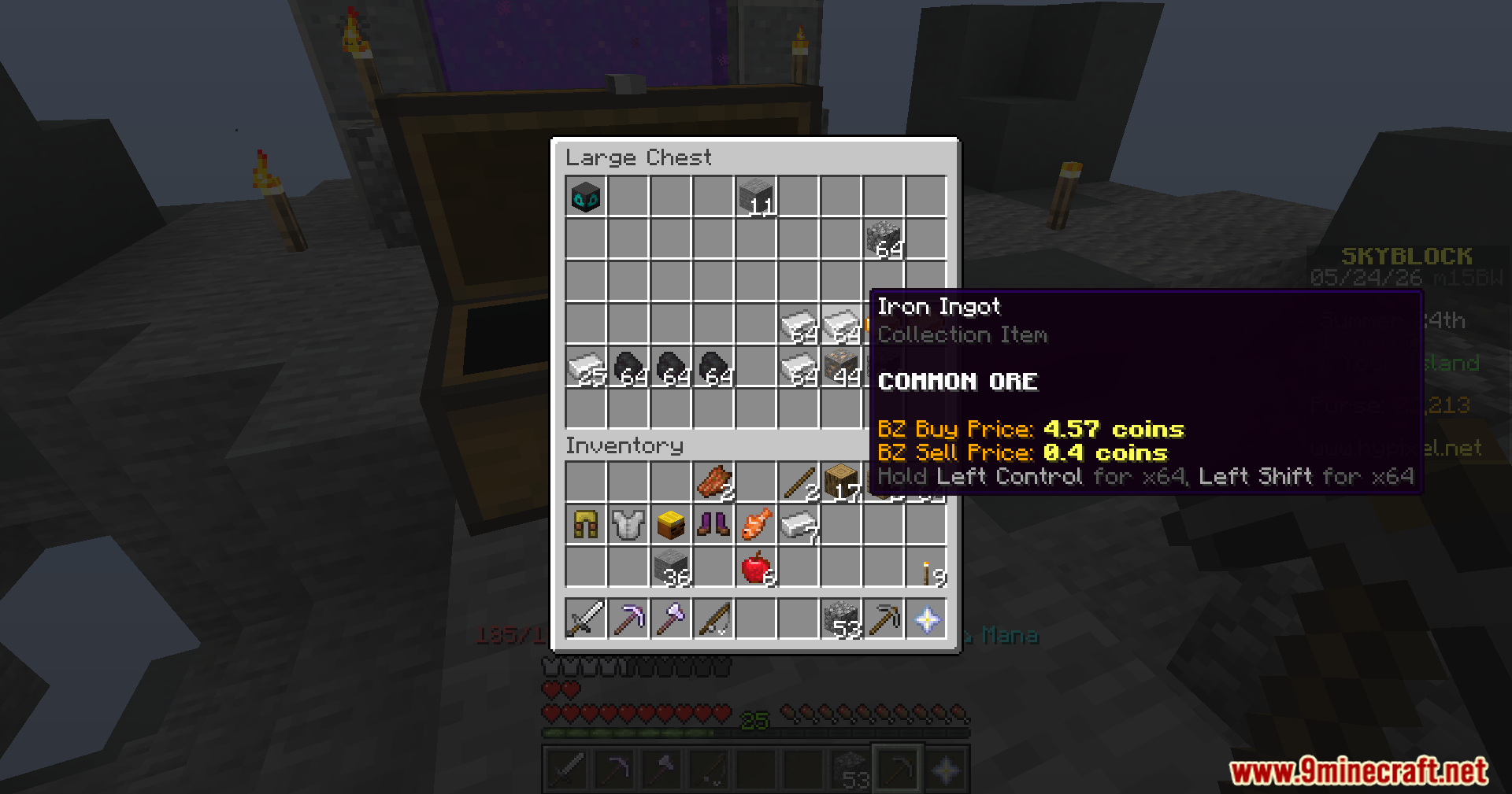 Player looking at an Iron Ingot item tooltip showing Bazaar market prices