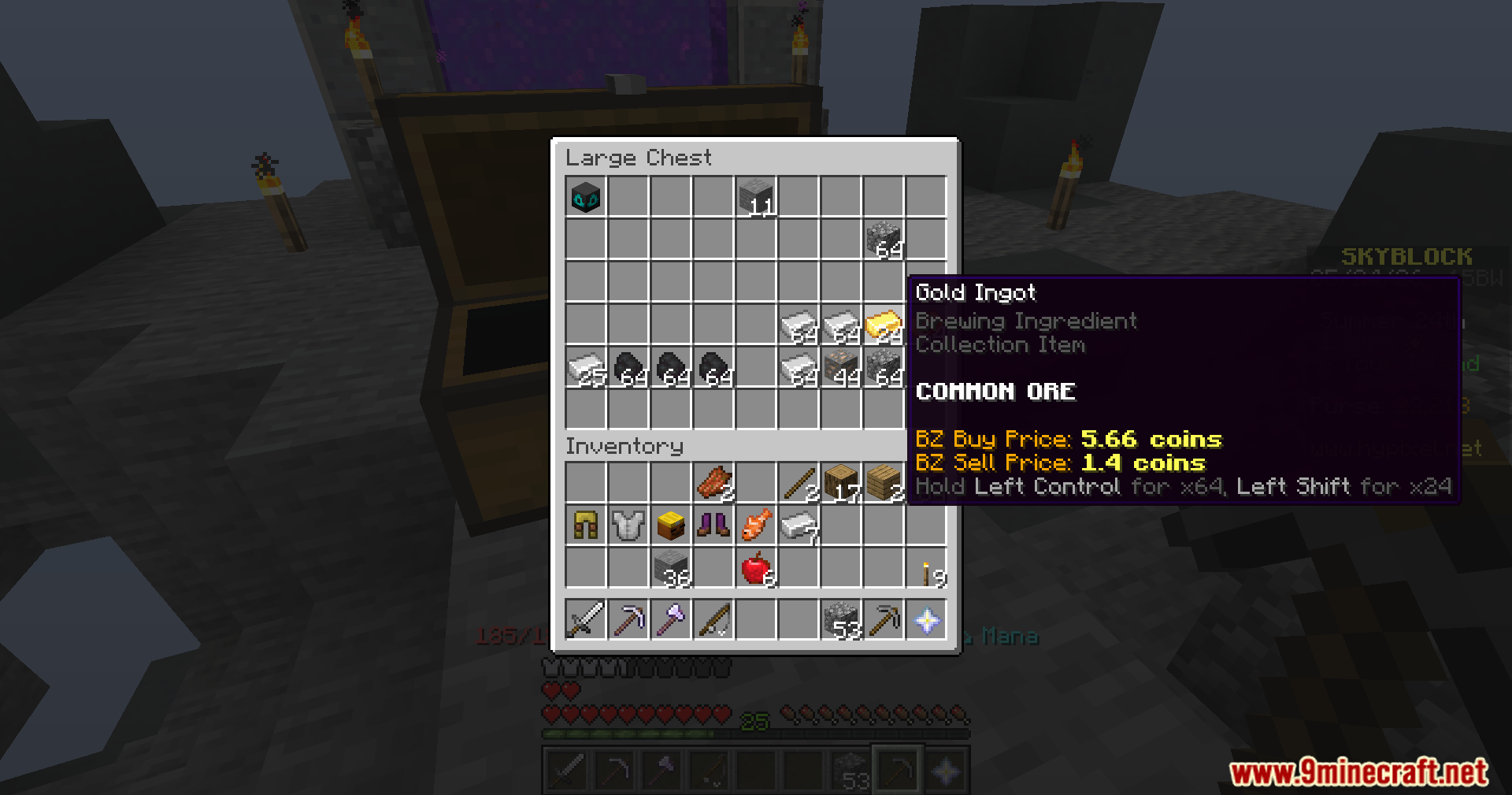 Player checking bazaar buy and sell prices on a gold ingot tooltip