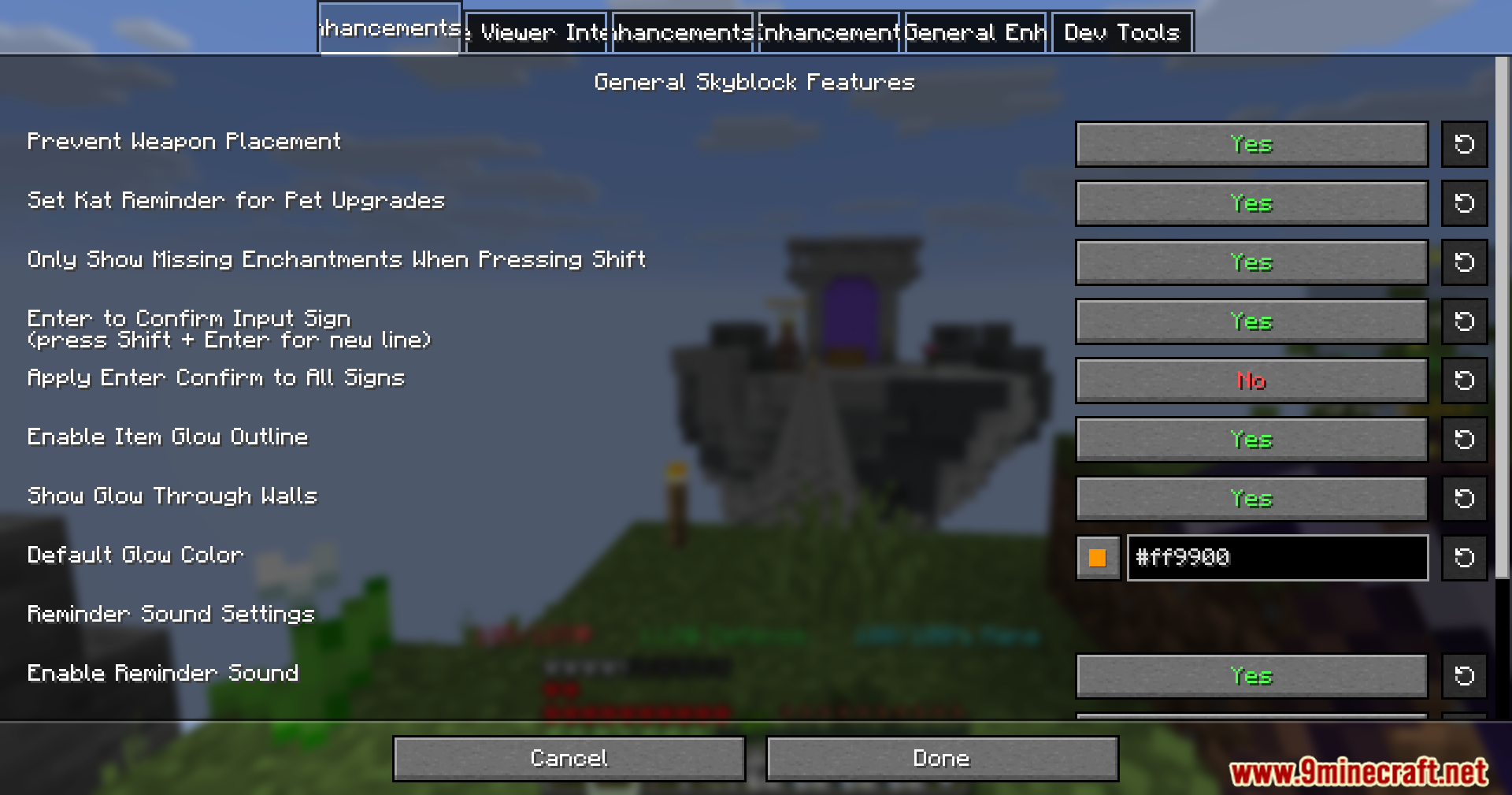 Adjusting general settings like item glow and weapon placement in the configuration menu