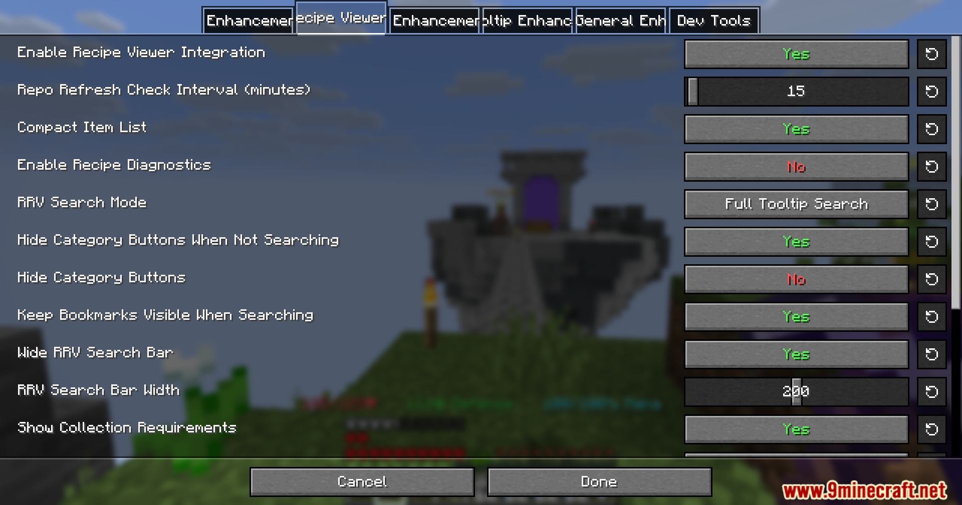 Minecraft settings menu displaying configuration options for the recipe viewer integration