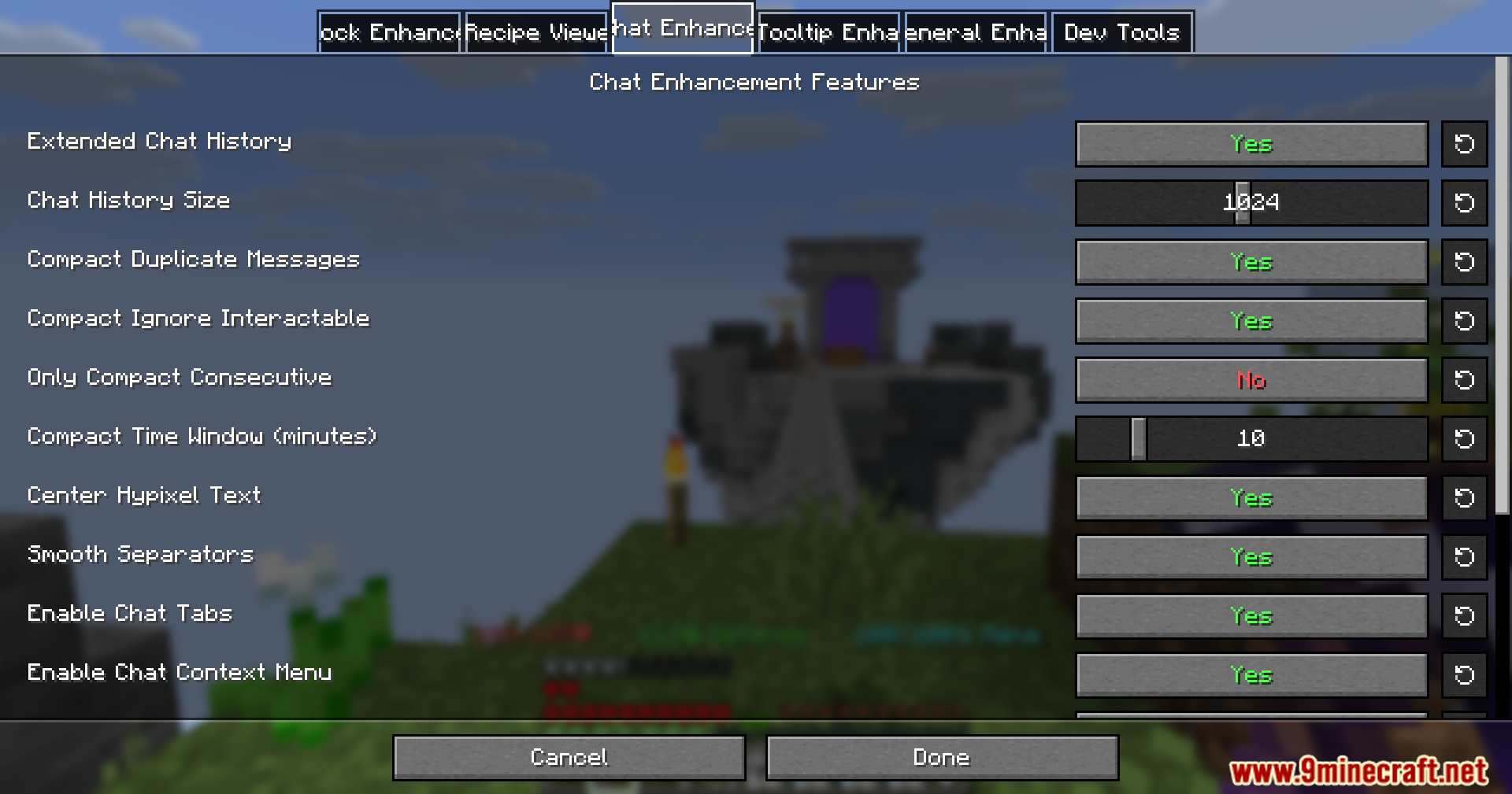 Configuration menu for chat enhancement features including history size and tabs