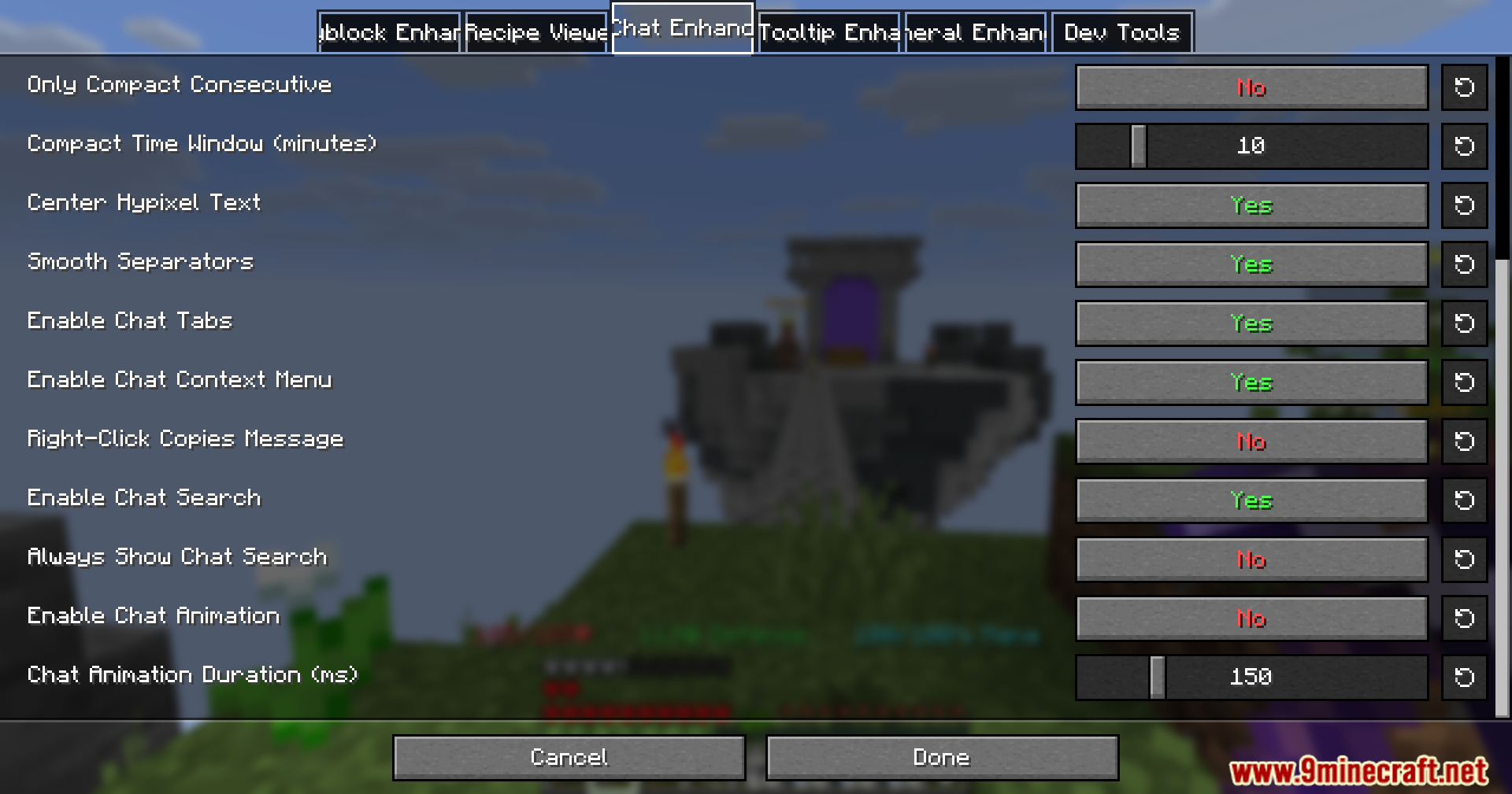 Configuration menu displaying chat enhancement settings with various toggle options and sliders