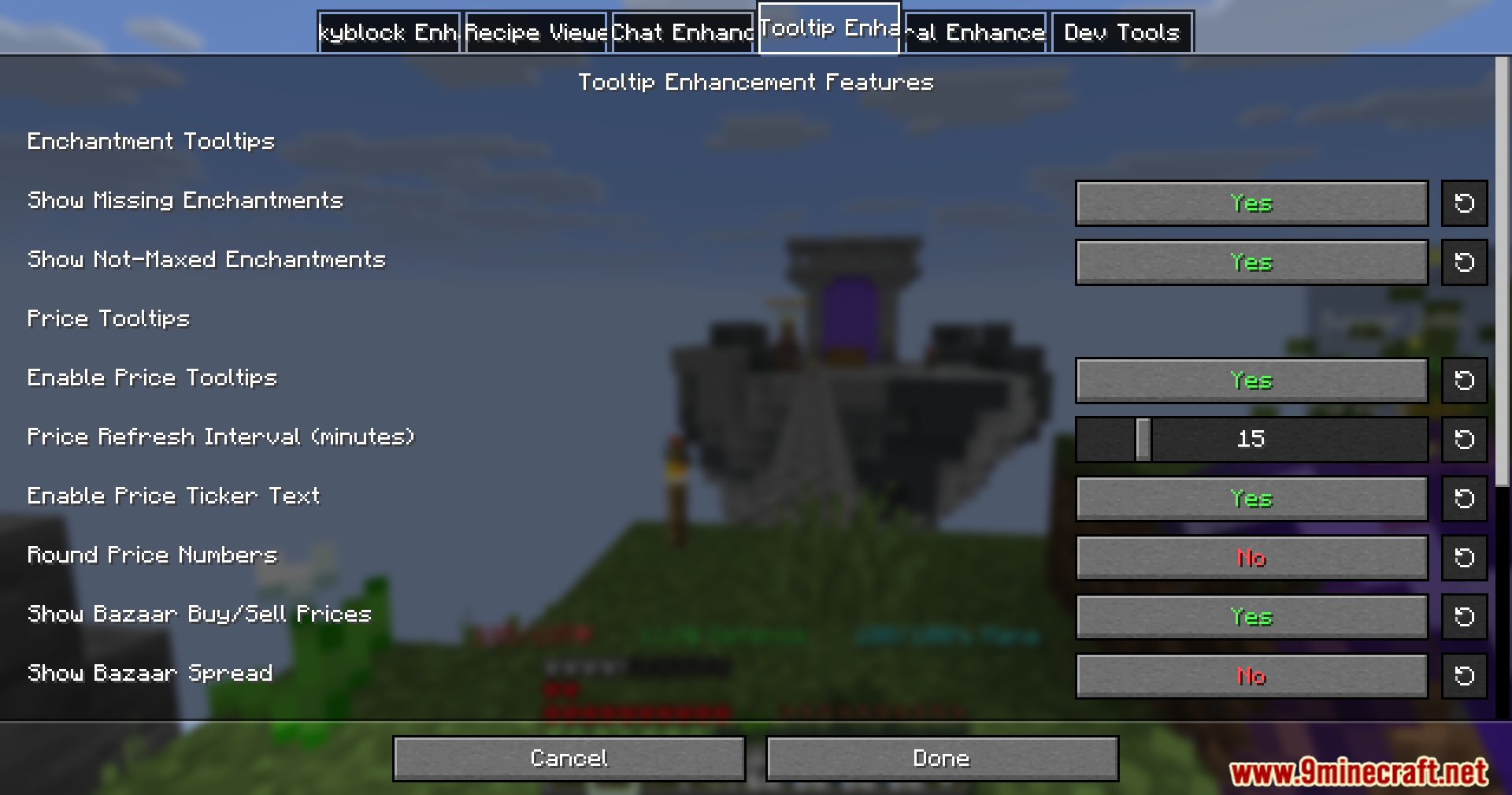 Configuration screen showing tooltip enhancement options including missing enchantments and bazaar prices