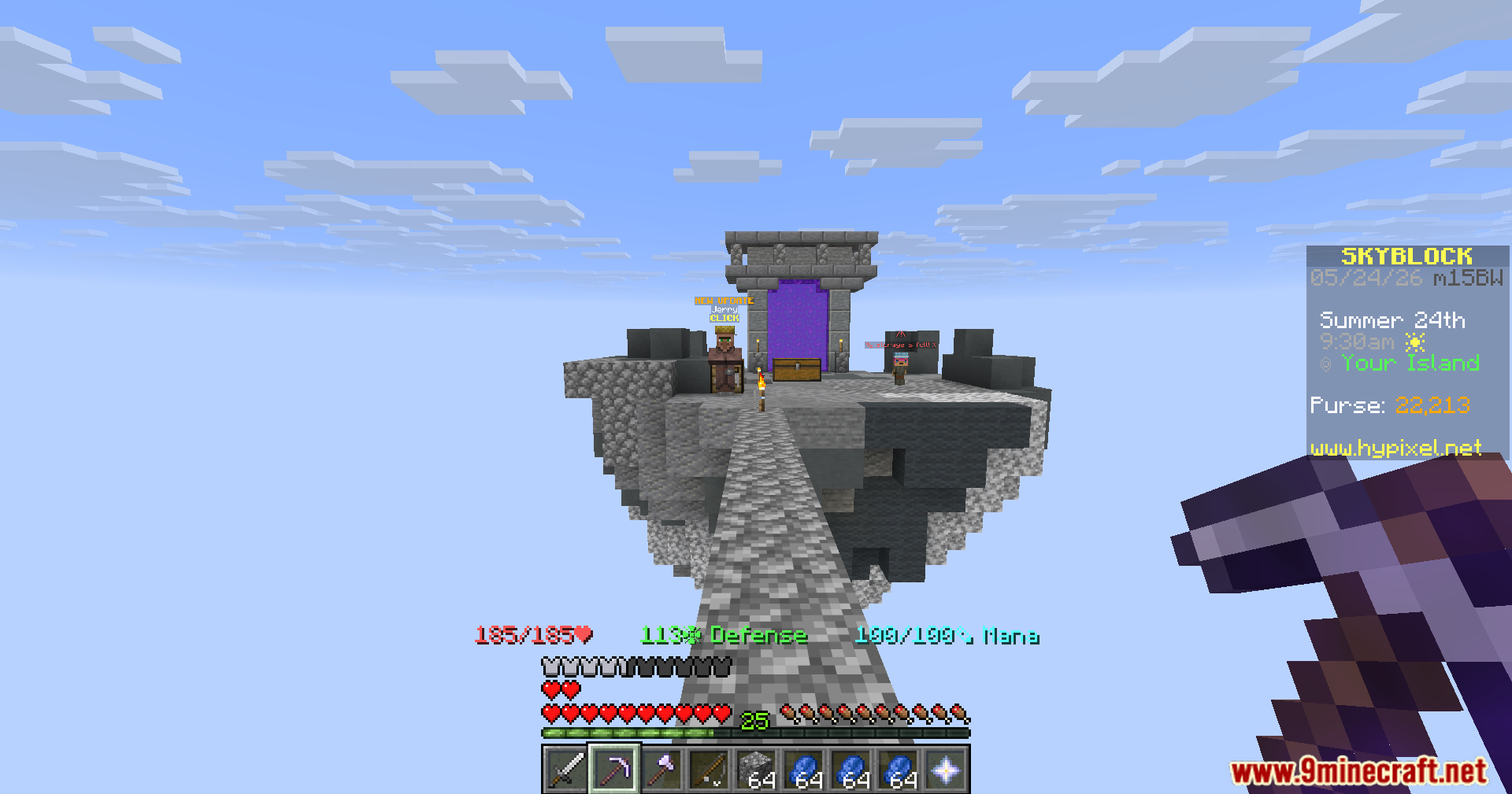 Player holding a pickaxe on a floating island bridge in Hypixel Skyblock