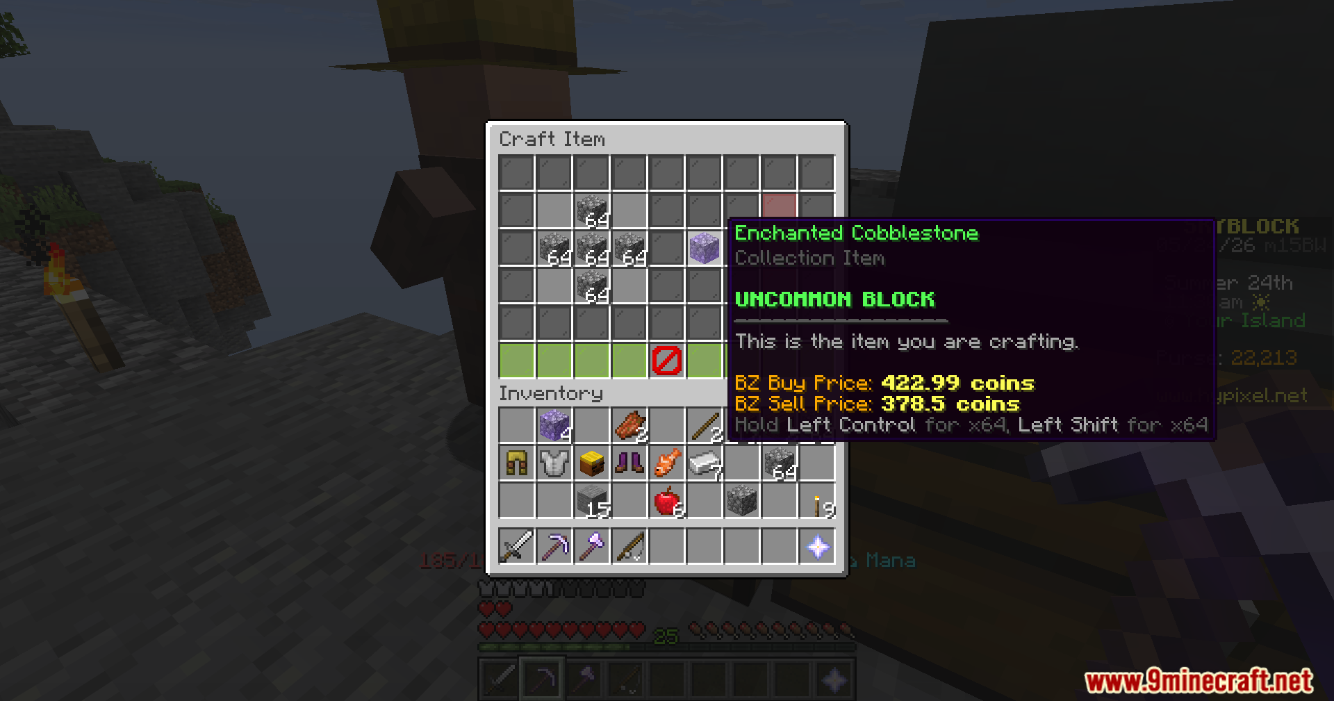 Crafting menu showing Enchanted Cobblestone with Bazaar buy and sell prices in tooltip
