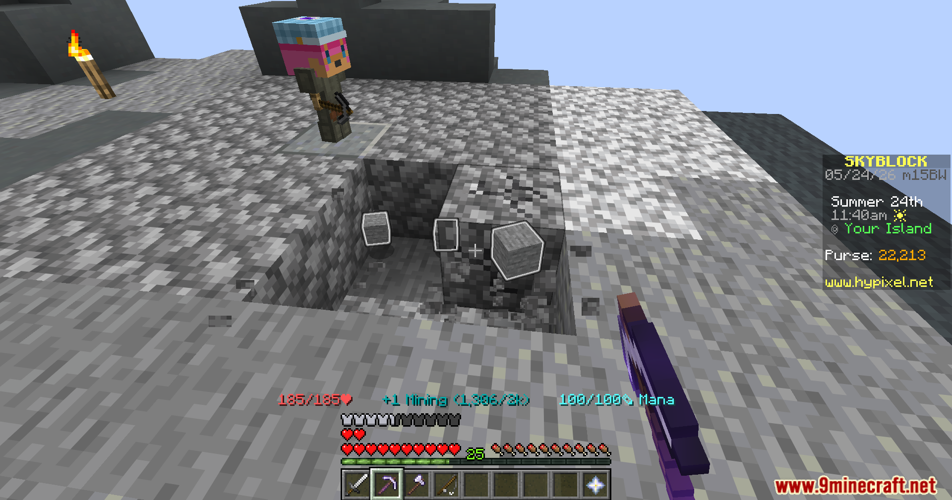 Player mining cobblestone with a purple pickaxe on an island