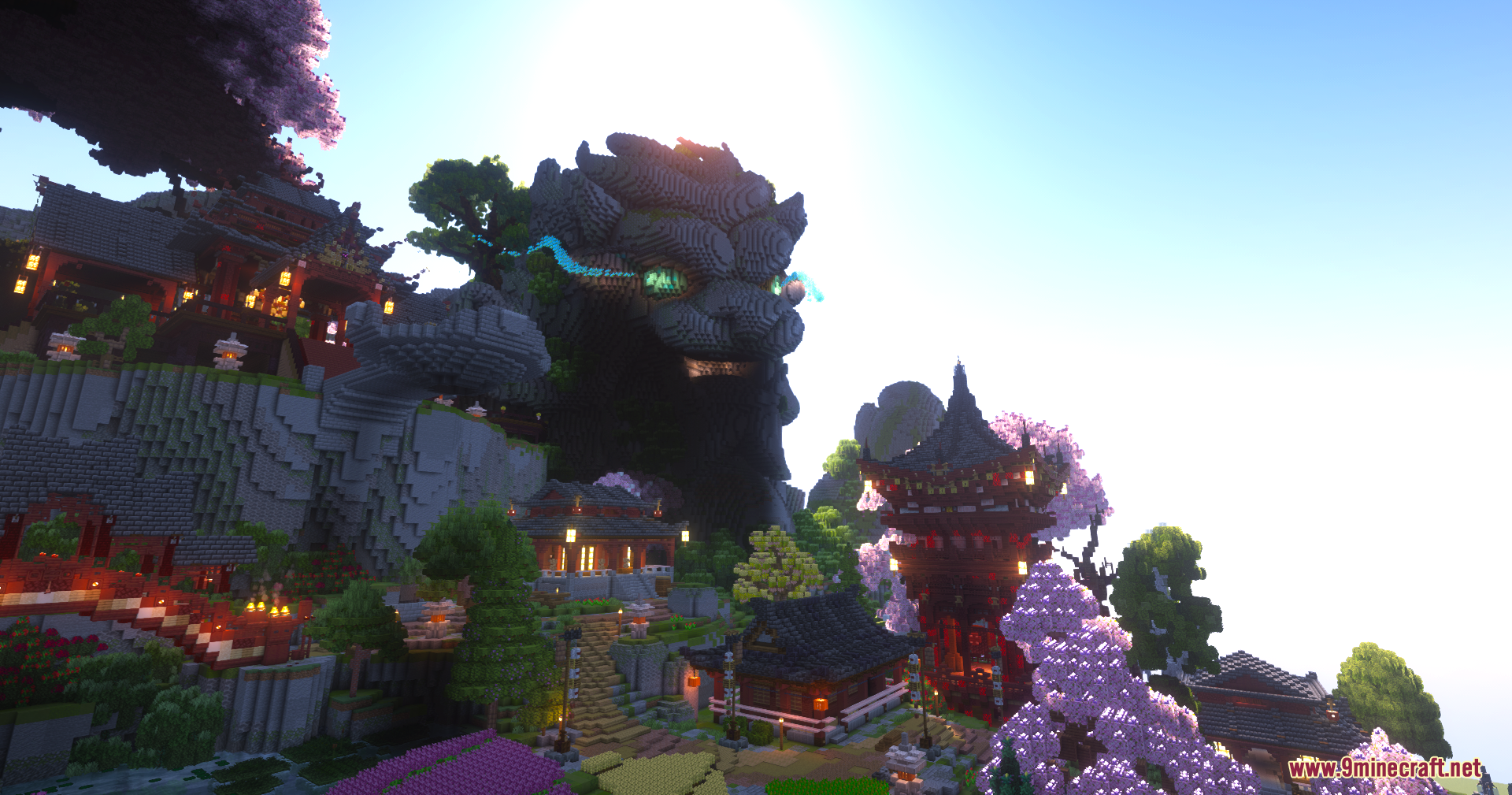SkyFarm Blossom Map Screenshot 1 Giant stone creature head carved into mountain near Asian style temples