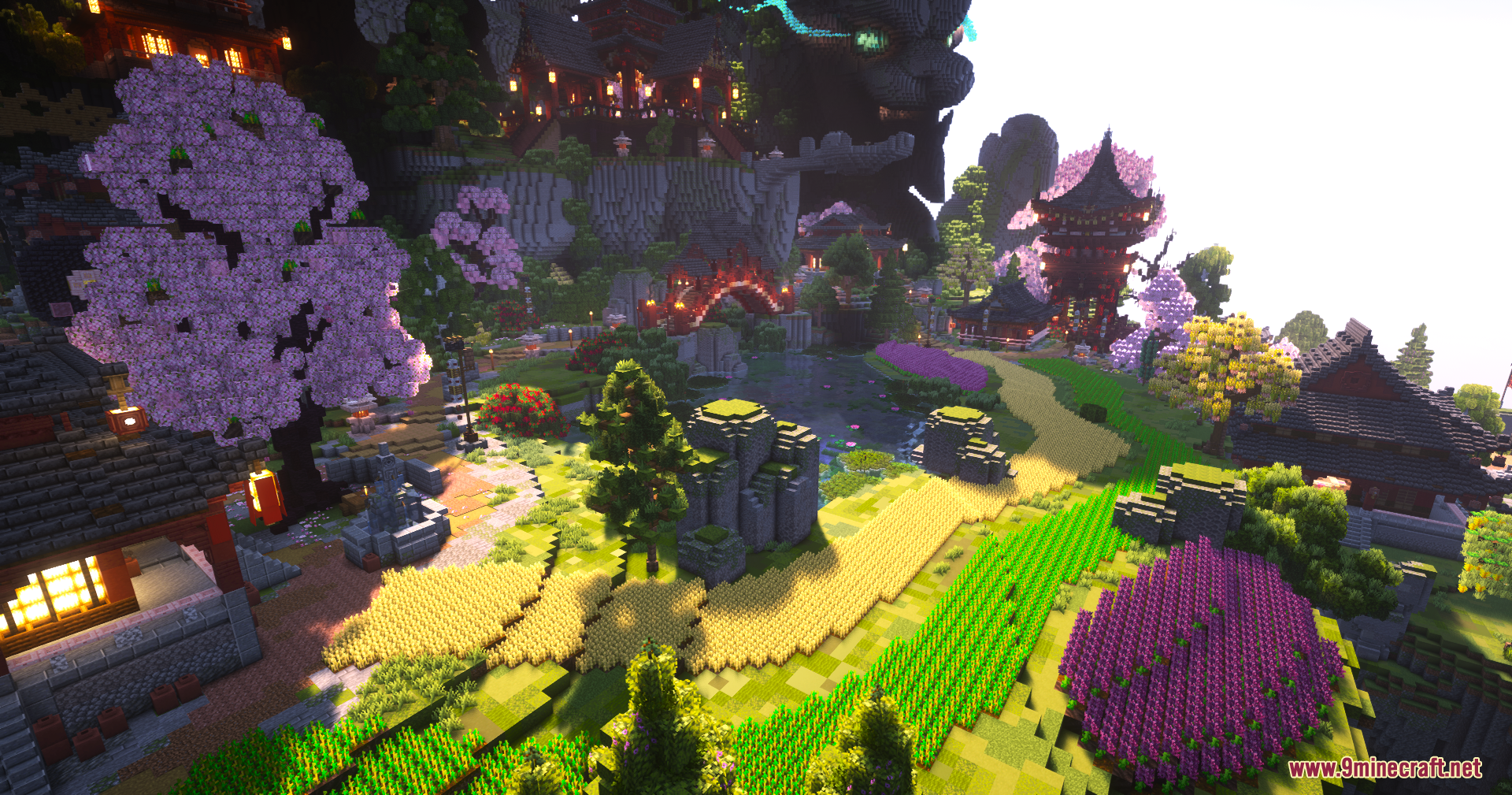 SkyFarm Blossom Map Screenshot 10 Traditional Asian village with cherry blossom trees and vibrant terraced farming fields