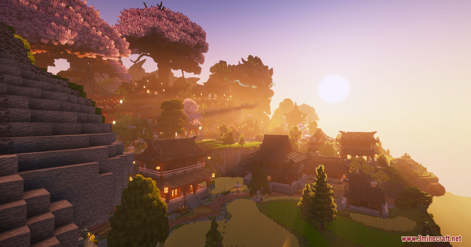 SkyFarm Blossom Map Screenshot 2 Warm sunset over Asian style village with cherry blossom trees and lit lanterns