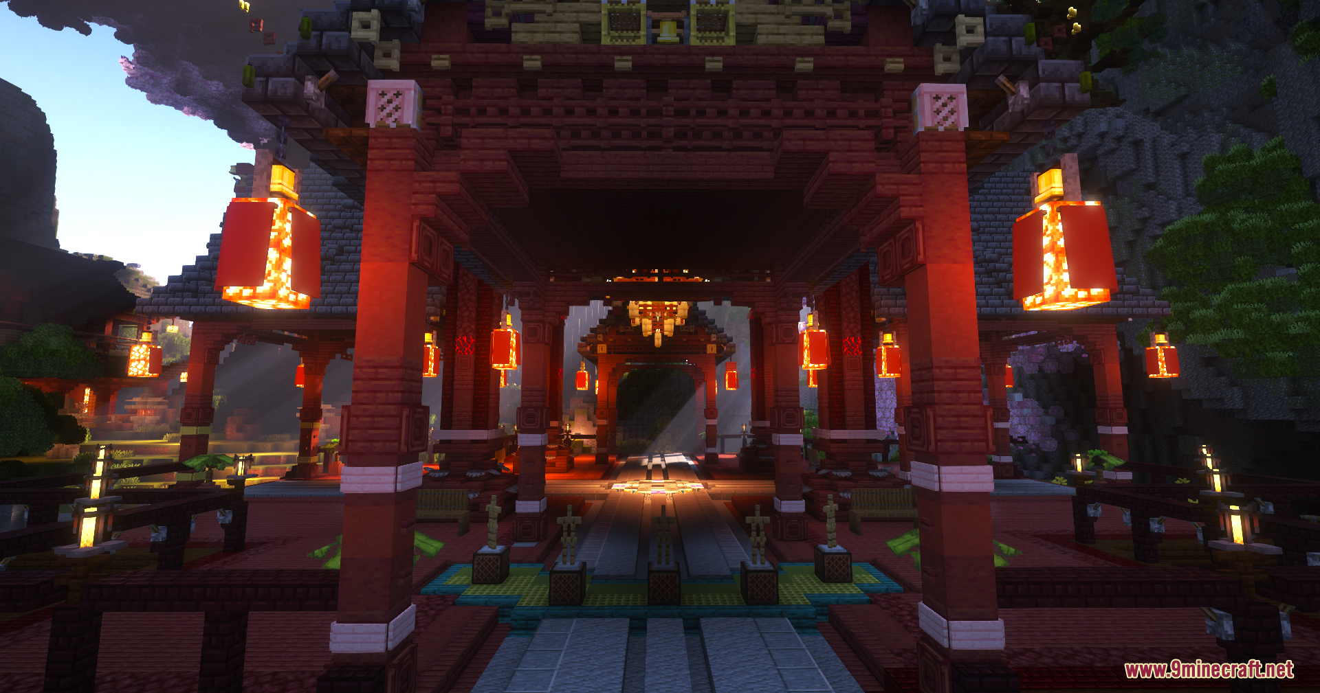 SkyFarm Blossom Map Screenshot 3 Large Asian style pavilion with red pillars and glowing orange lanterns hanging down