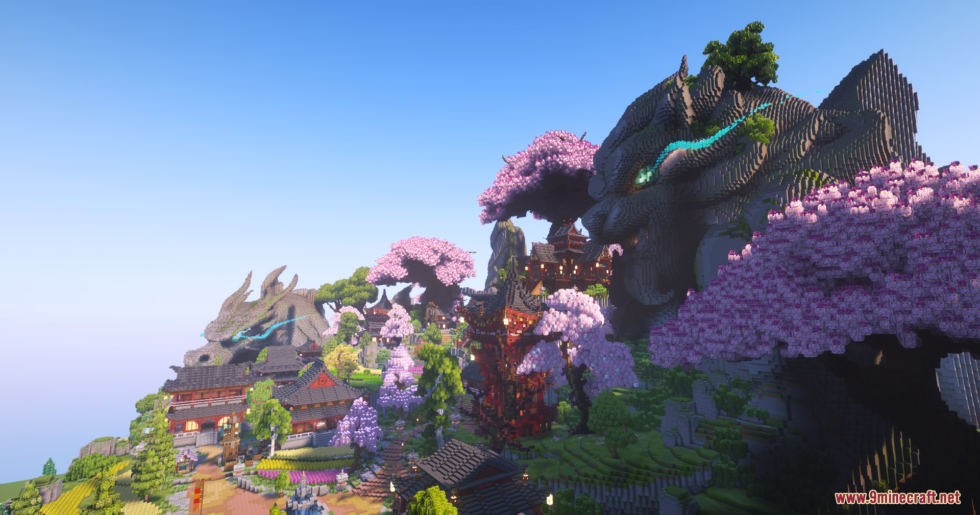 SkyFarm Blossom Map Screenshot 4 Sprawling Asian village with pink cherry blossom trees and giant stone dragon statues