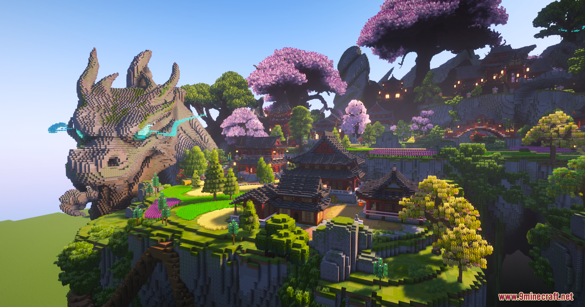 SkyFarm Blossom Map Screenshot 5 Massive stone dragon statue overlooking Asian style buildings and cherry blossom trees