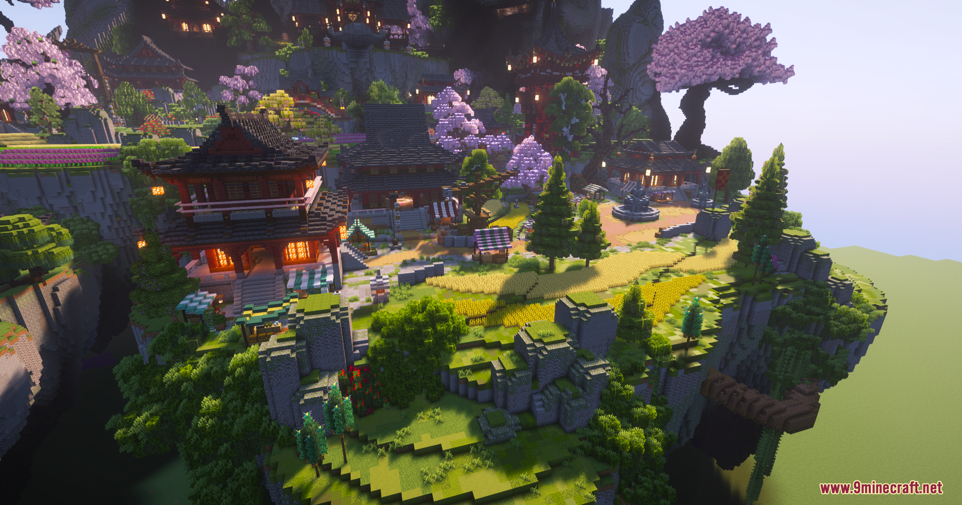 SkyFarm Blossom Map Screenshot 6 Asian style buildings with glowing lanterns and small farms on a floating island
