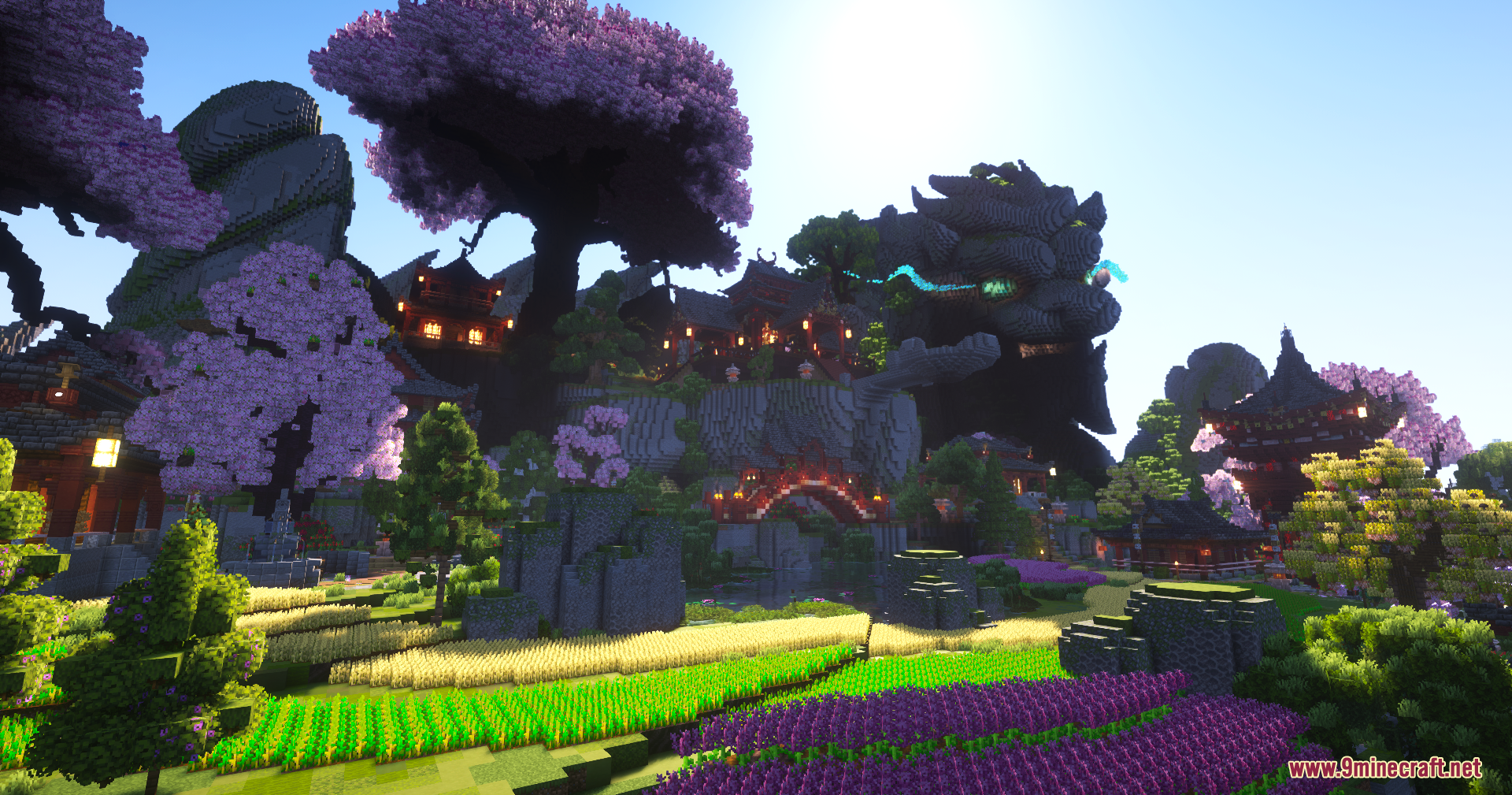 SkyFarm Blossom Map Screenshot 7 Minecraft Asian themed village with cherry blossom trees and giant stone dragon