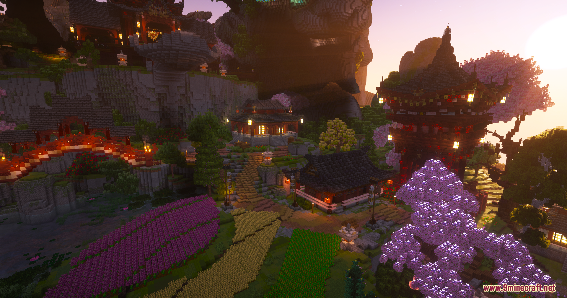 SkyFarm Blossom Map Screenshot 8 Minecraft Asian style village at sunset featuring tall pagoda and terraced fields