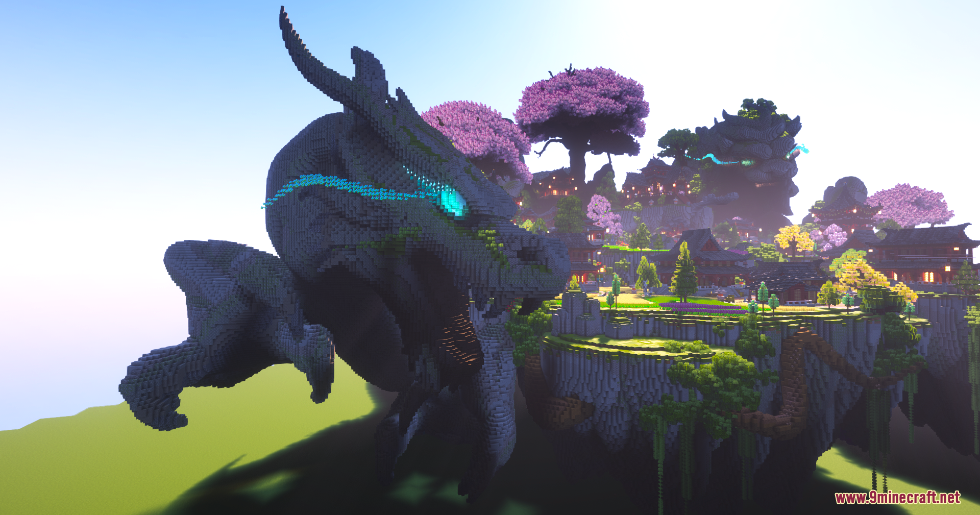 SkyFarm Blossom Map Screenshot 9 Massive dragon statue with glowing cyan eyes beside floating islands with cherry blossoms
