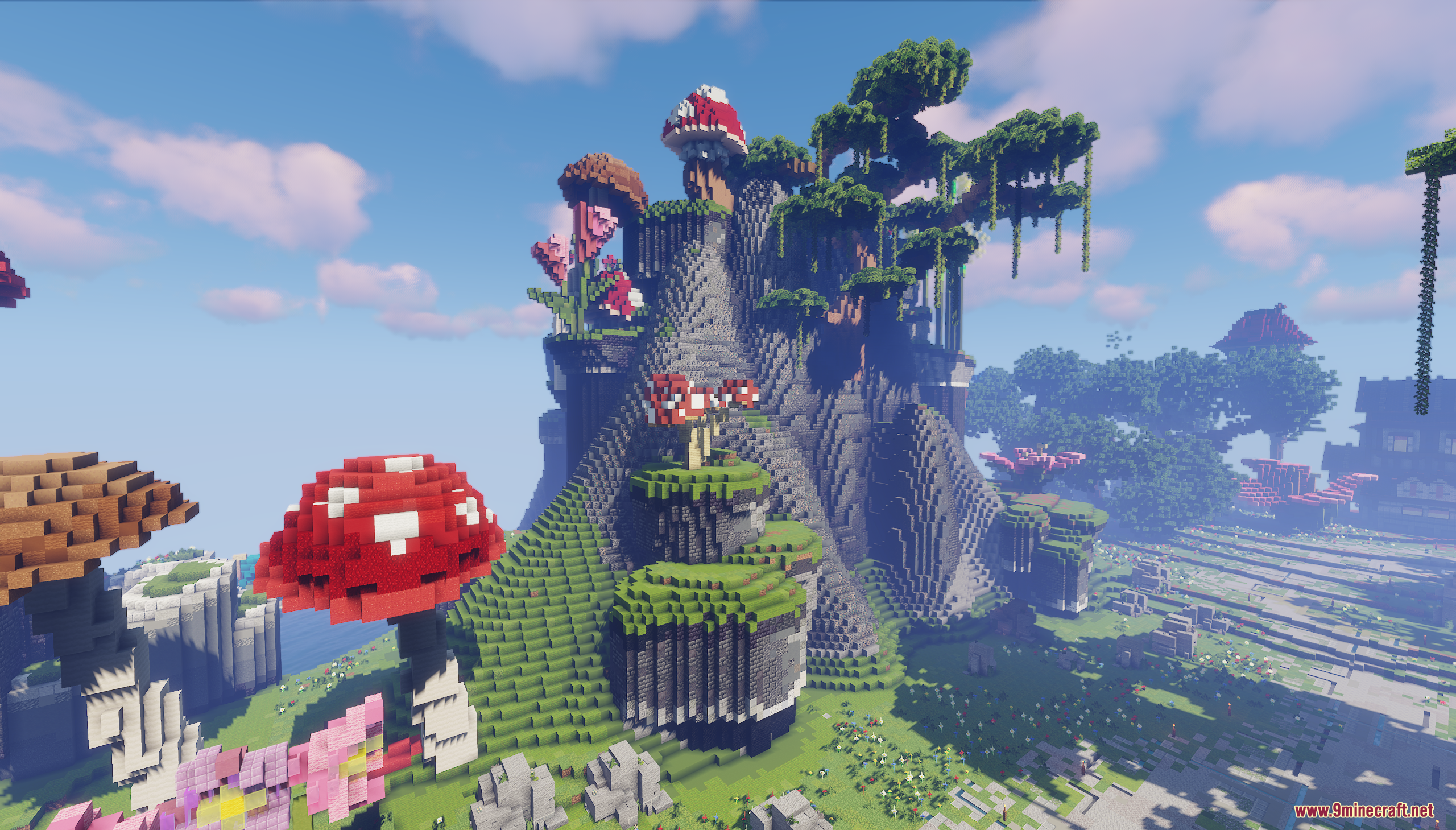 Skyblock RPG Hub Map Screenshot 2 Giant red mushrooms and lush trees decorate a large stone mountain in Minecraft