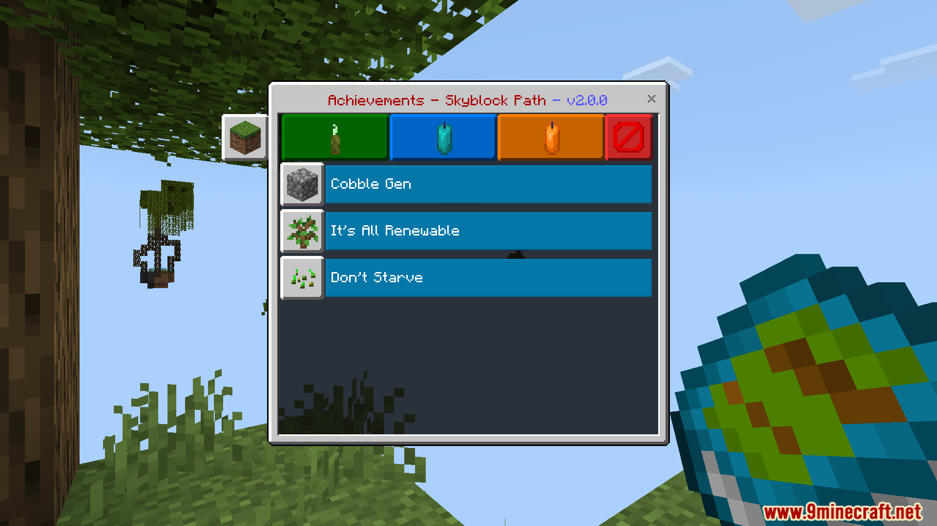 Custom achievements guide players through the floating island survival experience