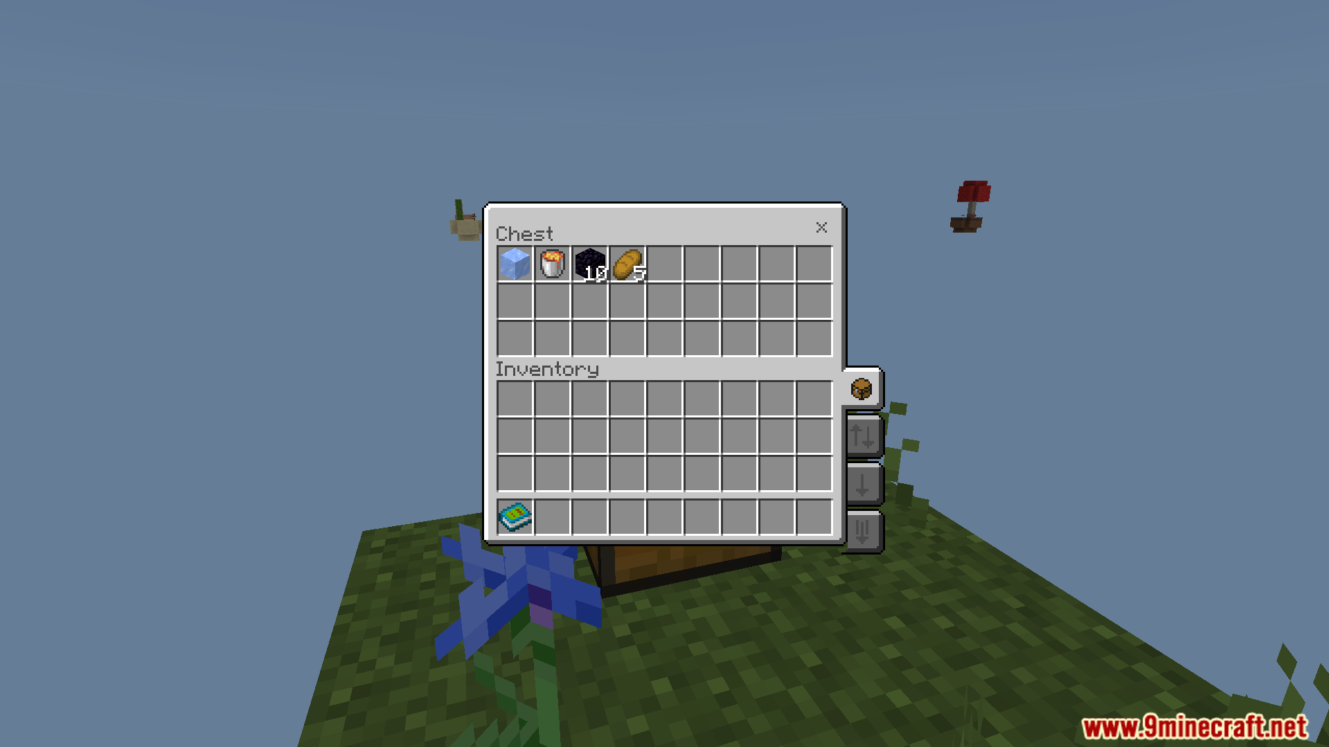 A player begins on a floating island with starting items