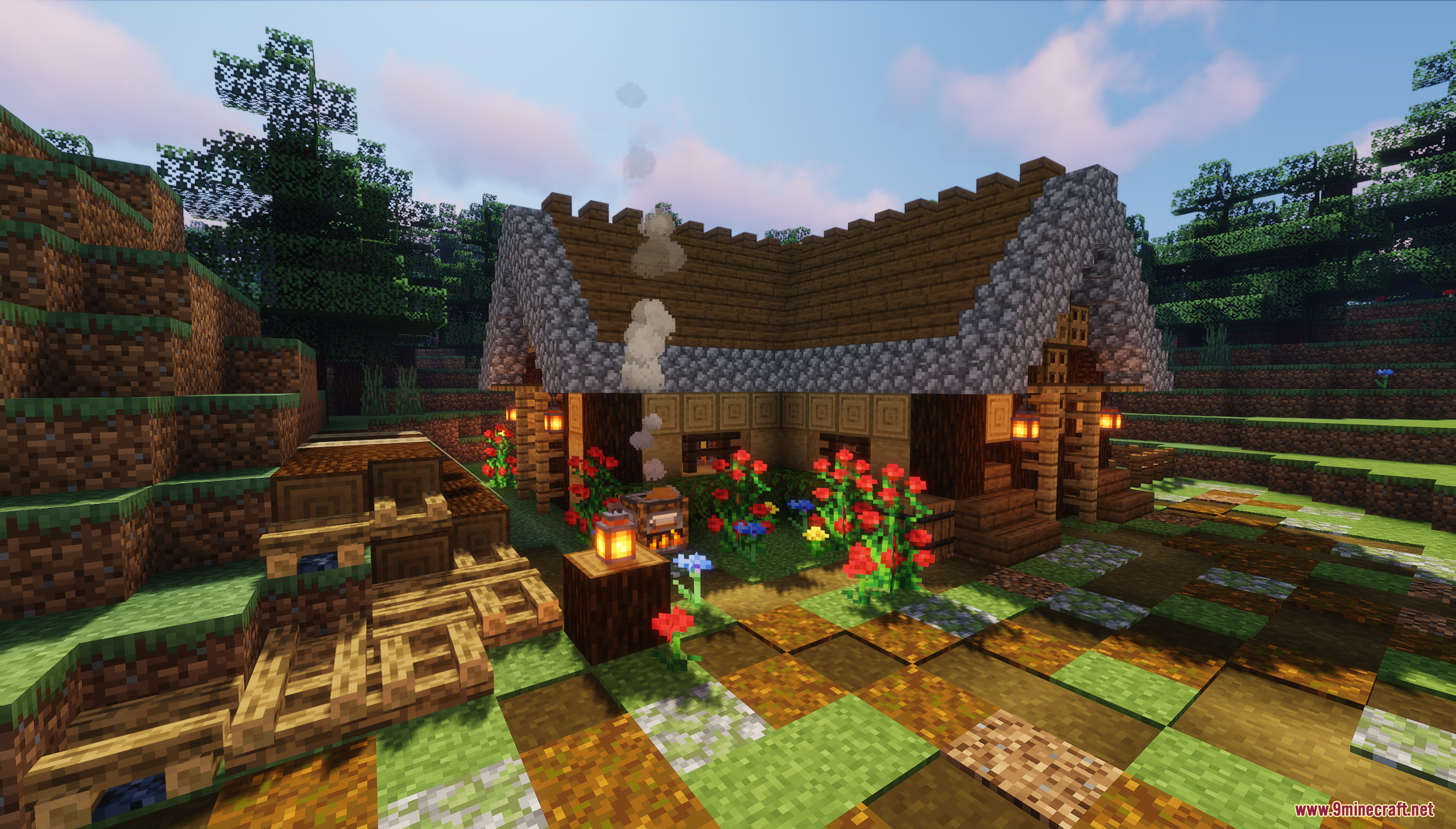 Front view of a cozy wooden cabin with flower garden