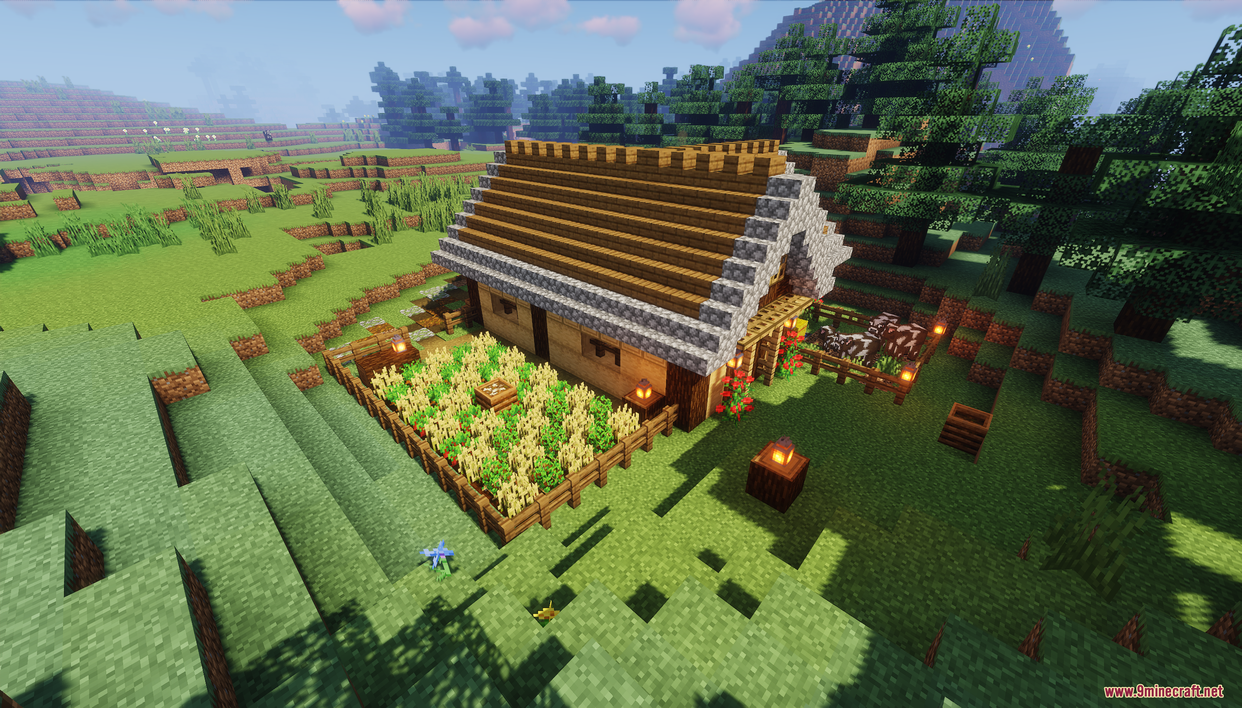 Wooden cabin exterior featuring a wheat farm and cow pen