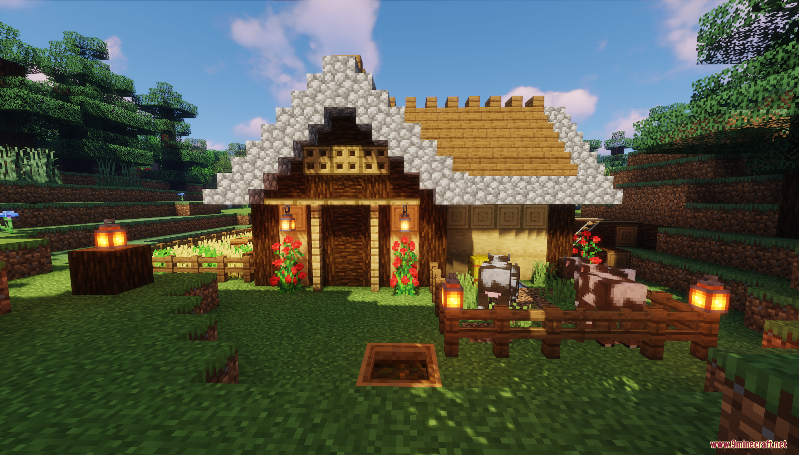 Front view of the small starter house with an animal pen
