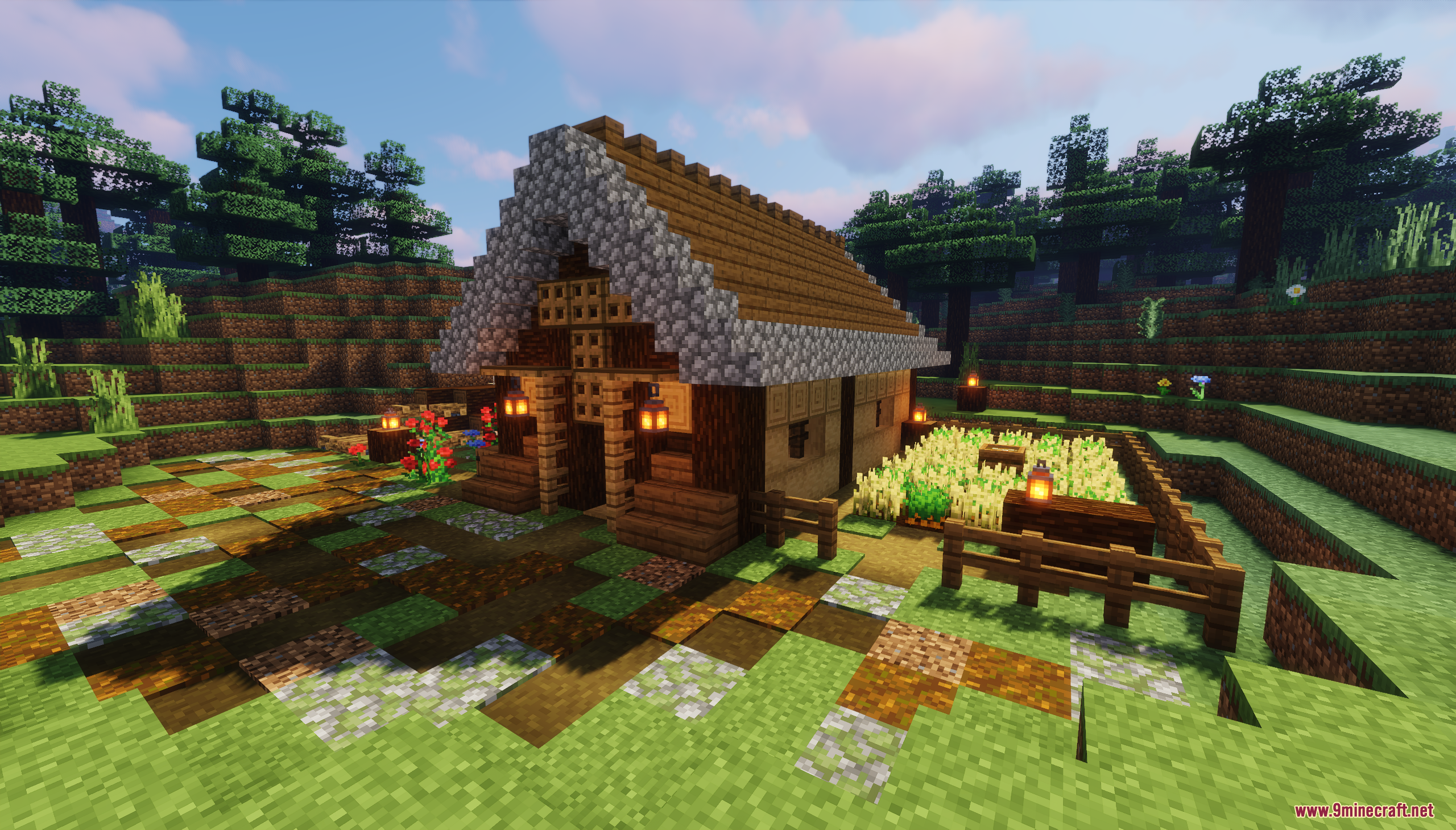 Wooden survival cabin exterior with a dirt path and wheat farm