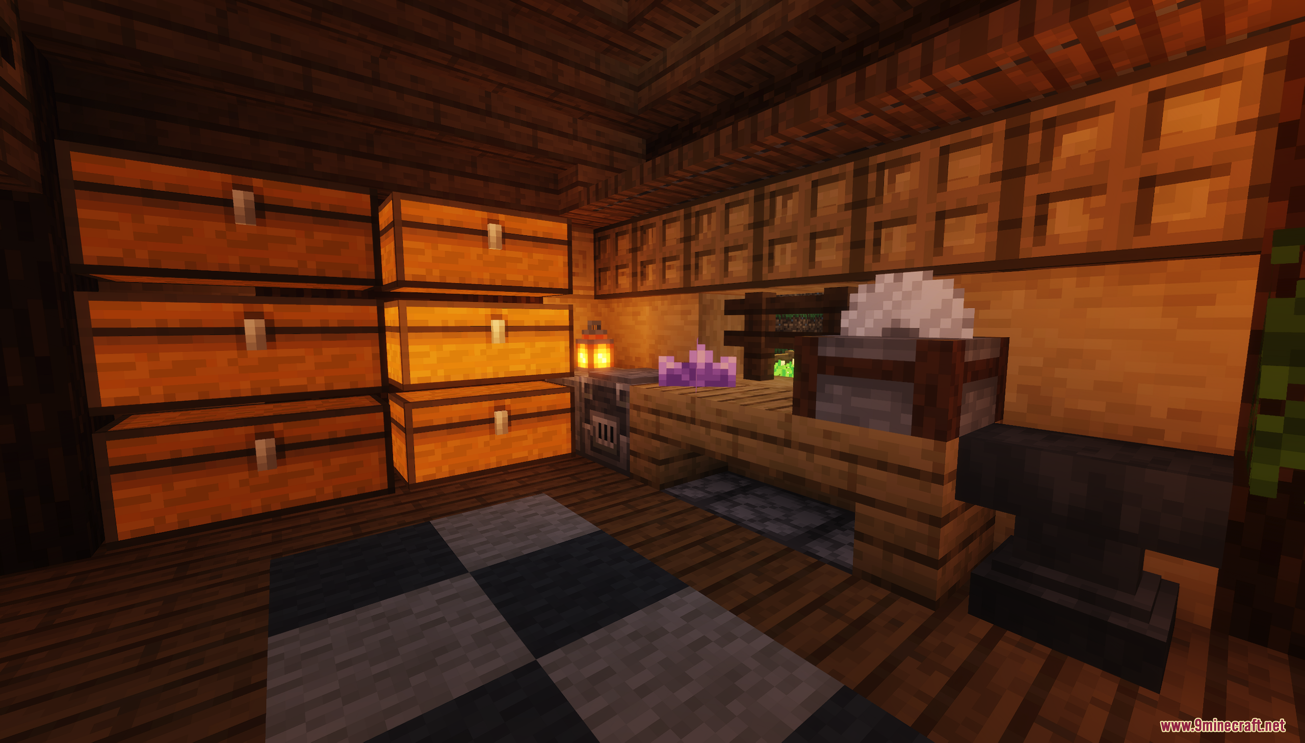 Cozy wooden storage room with chests anvil and stonecutter